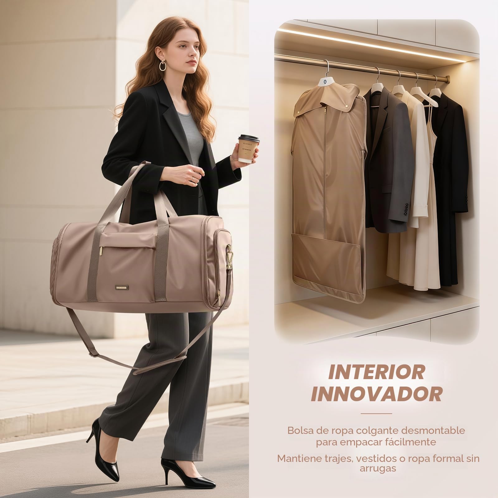 Bolsa de Viaje Convertible 2 en 1, con Compartimento Separado para Zapatos, Impermeable, Bolsa de Ropa Fin de Semana Bolsa de Traje Colgante para Hombres y Mujeres,48L, Marrón champán
