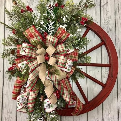 BSEID 18 Inch Christmas Wagon Wheel Wreath with Plaid Ribbon Bows Pine Cones and Red Berries for Holiday Front Door Wall Decor