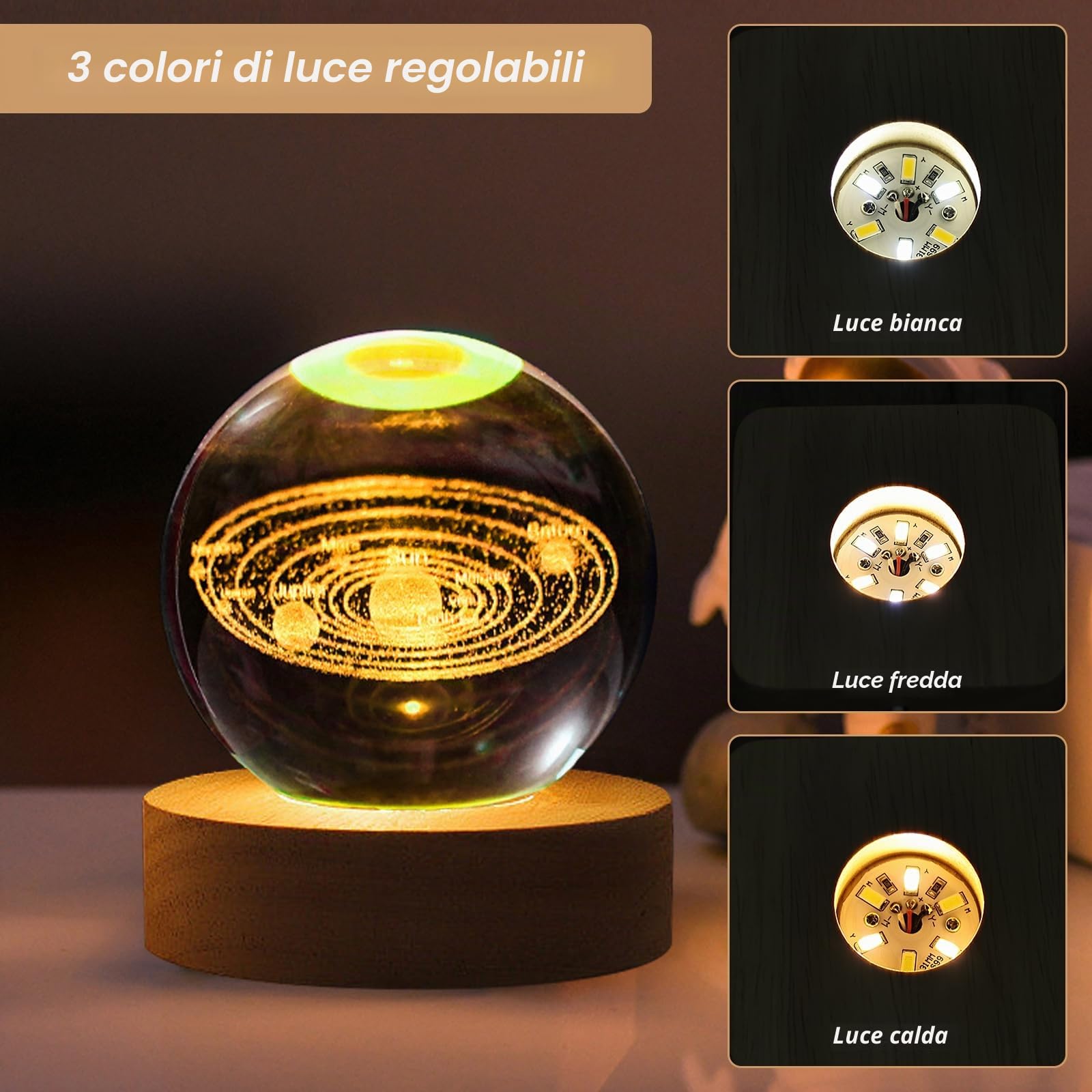 Sporgo LED Base in Legno: Rotonda Luminosa 3 Colori Regolabile Con Interruttore per Sfere di Cristallo, Gioielli, Acrilico