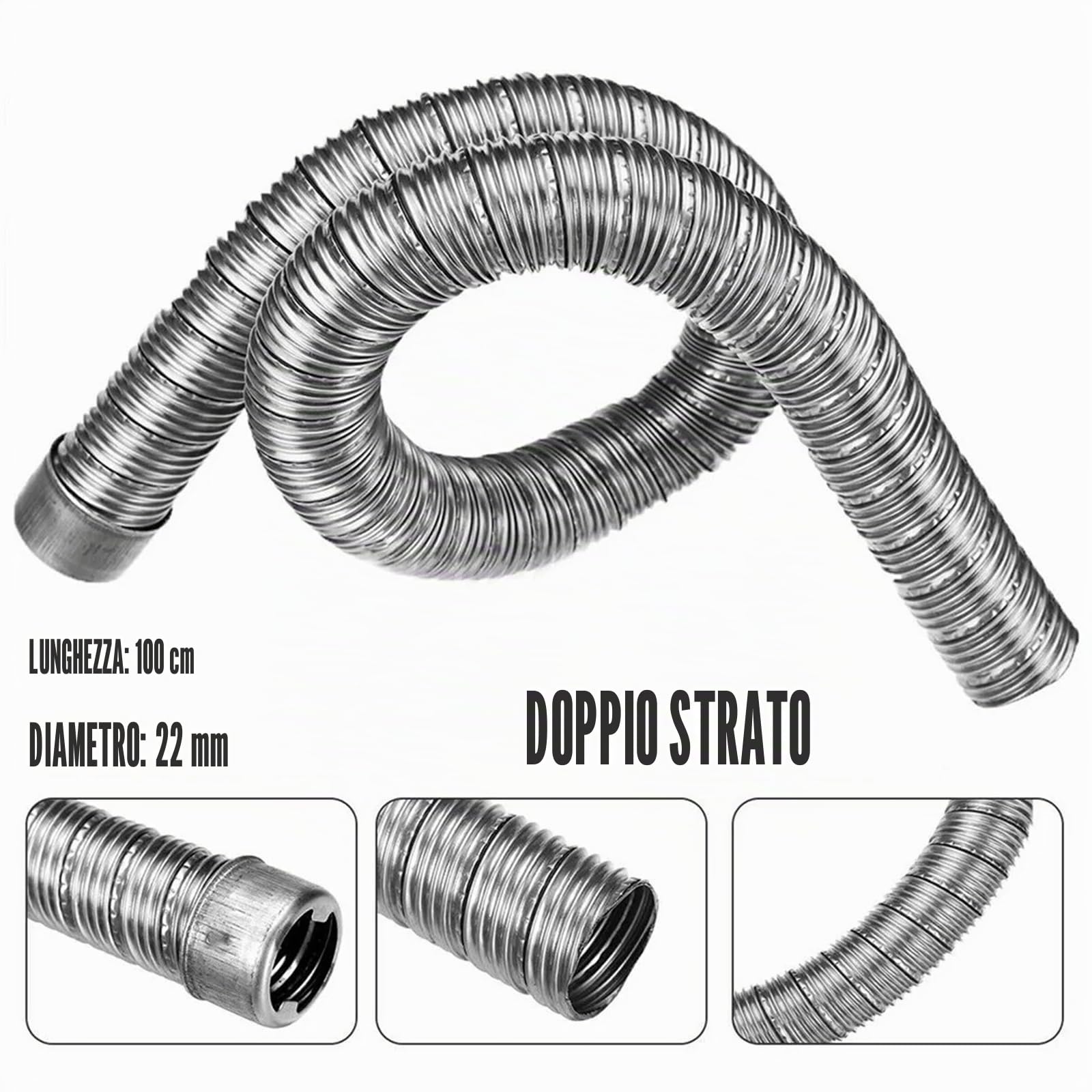 Tubo di scarico per auto a doppio strato, 100 cm, in acciaio inox, 22 mm, doppio strato, con cappuccio, per riscaldamento ad aria, per Webasto Eberspacher