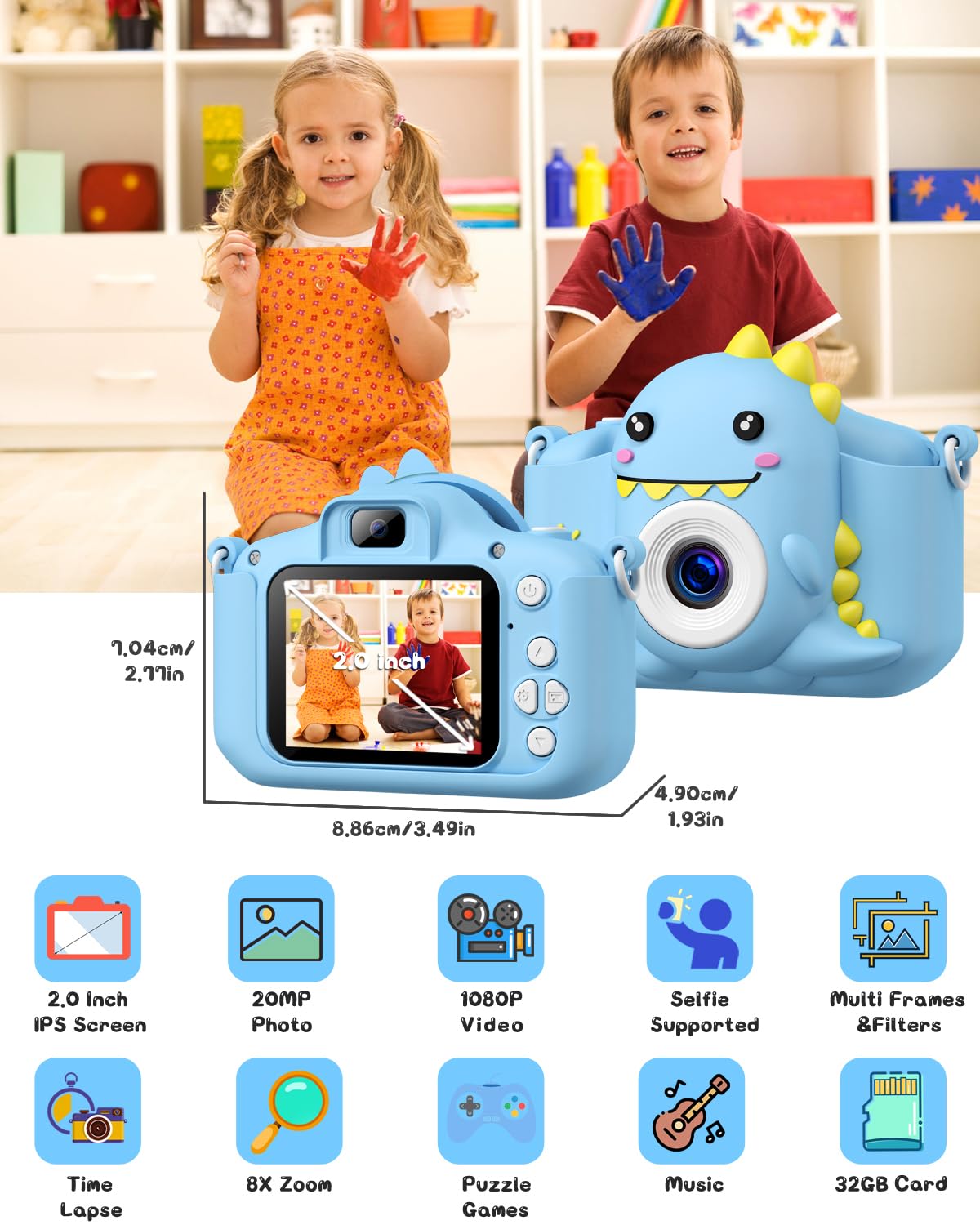 Gofunly Macchina Fotografica Bambini, 2.0 Pollici Schermo HD da 1080P Selfie Fotocamera Digitale per Bambina Videocamera Regalo per Ragazze & Ragazzi 3-12 Anni, Scheda 32GB Inclusa, Regali Giocattolo