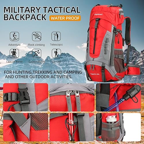 Miniatura 6 de King'sGuard Mochila de senderismo ligera de 60 L con cubierta para lluvia, mochila grande impermeable plegable para viajes al aire libre para