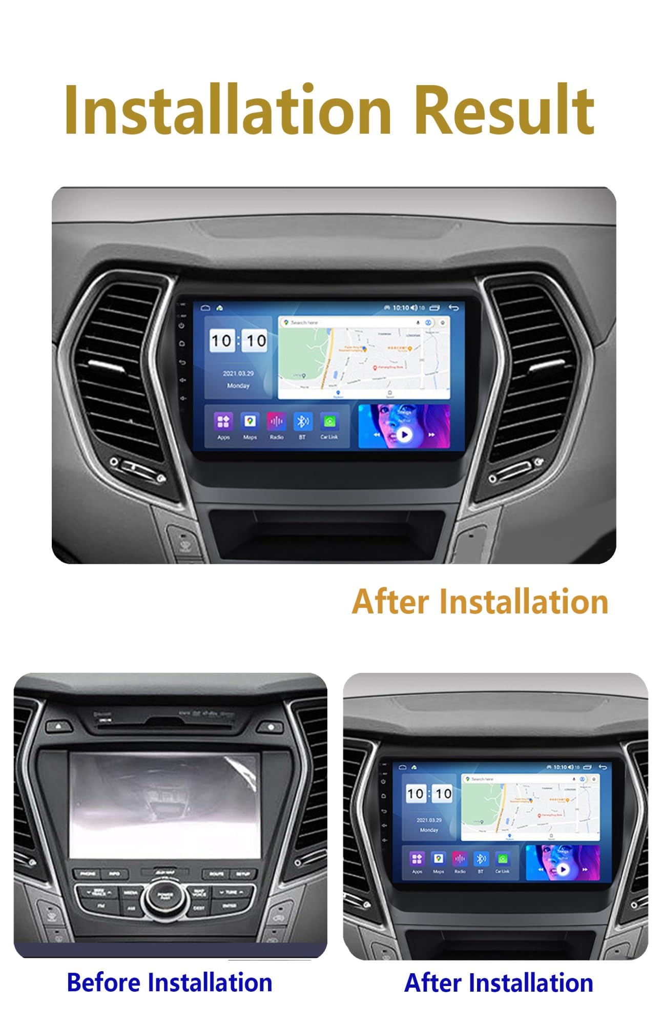 Autoradio Android 12 10 pouces HD à écran tactile pour Hyundai lX45 2013-2017 avec lecteur DVD stéréo de voiture, navigation GPS tactile, Carplay, Bluetooth, commandes au volant, caméra de r