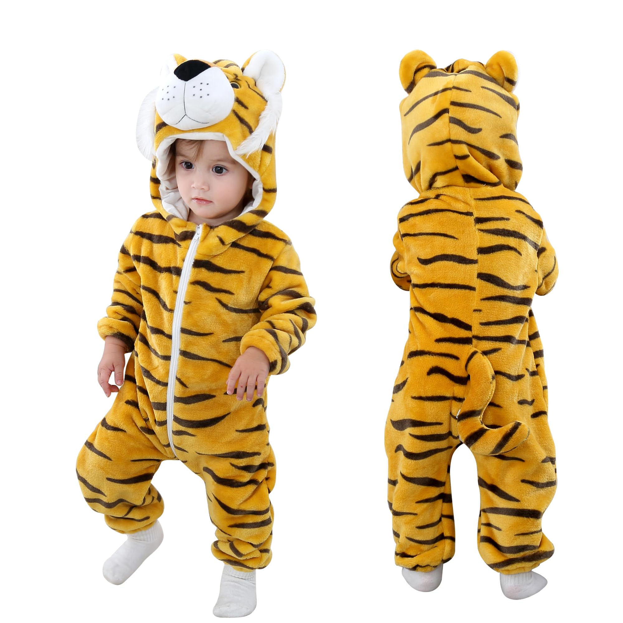 COOKY.D Infant Hooded Baby Rompers Animal Jumpsuit Soft Flannel Winter Cosplay Costume for Baby Girls Boys, 18-24 Months, Tiger