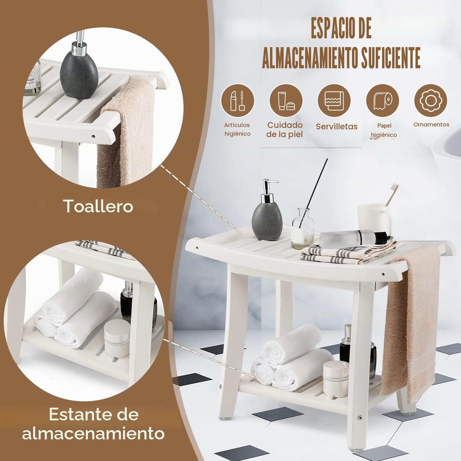 RELAX4LIFE Taburete de Baño Sólido de 2 Niveles, Banco de Ducha de HDPE Resistente al Agua con Toallero de Asiento Curvo, Taburete Bajo con Estante de Almacenamiento con Esquinas Redondeadas, Blanco
