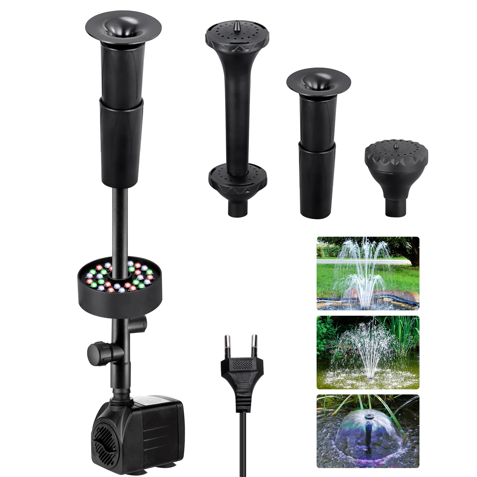 PORFOYO Pompa per fontana esterna 220 V, pompa per laghetto con filtro, pompa per fontana, piccola con luce, pompa per giochi d'acqua, pompa per laghetti, laghetti, fontane silenziose, 2000 l/h 25 W