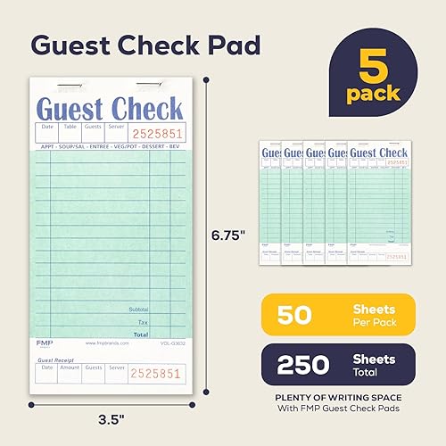 Miniatura 38 de FMP Brands Libros de cheques de invitados para servidores, papel de bloc de notas de servidor, total de 500 hojas (10 blocs), azul con recibo