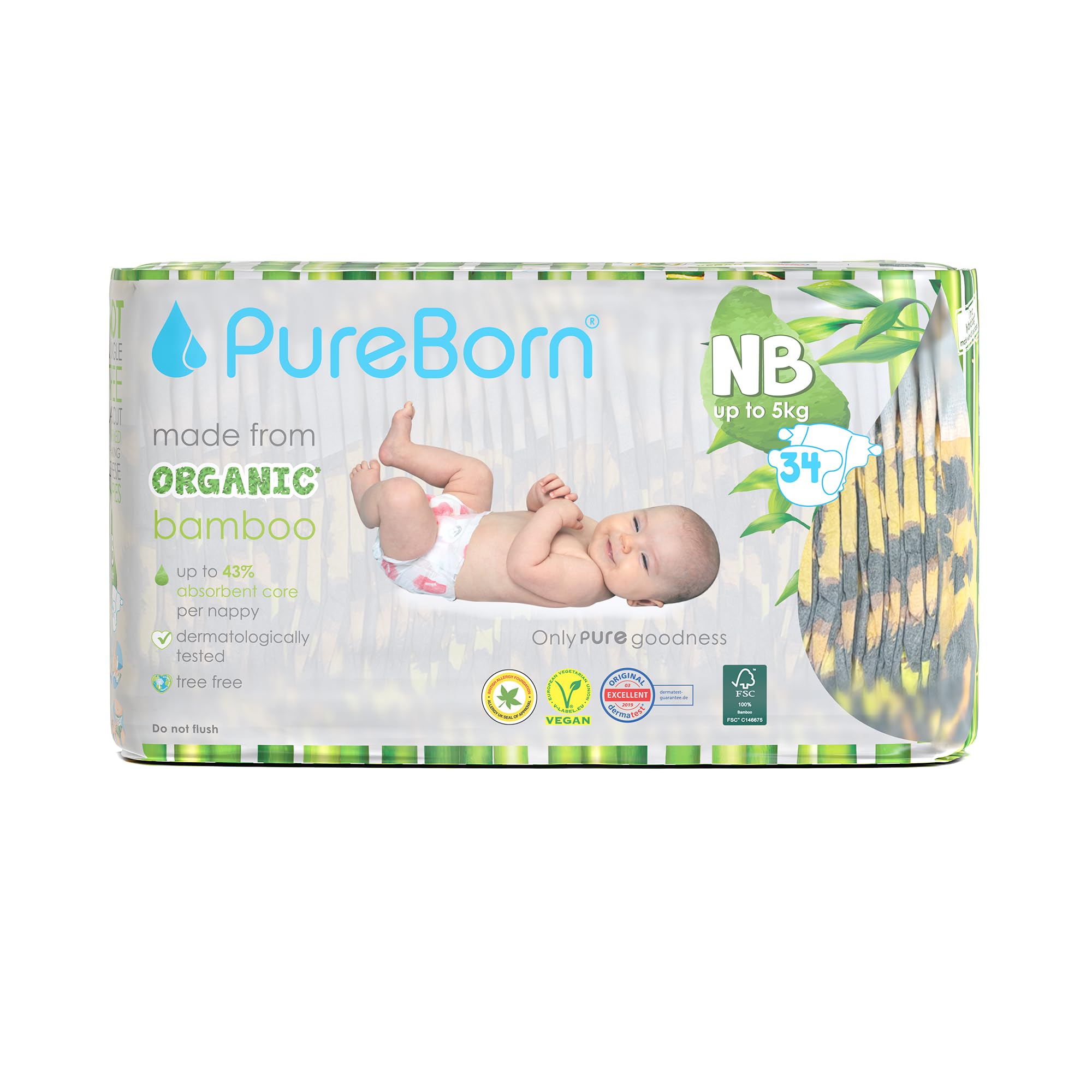 Pureborn Organic Natural Bamboo Baby Disposable Diapers-From 0 to 5 Kg - 34 pcs, Assorted