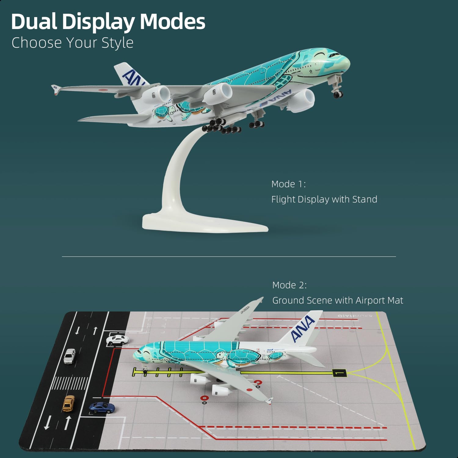 Maquette d'avion ANA A380 Green Turtle au 1/300, avec Tapis d'aéroport en Caoutchouc et 5 Voitures. Maquette d'avion en métal,Cadeaux pour Les passionnés d'aviation (Tapis : 25 x 35 cm).
