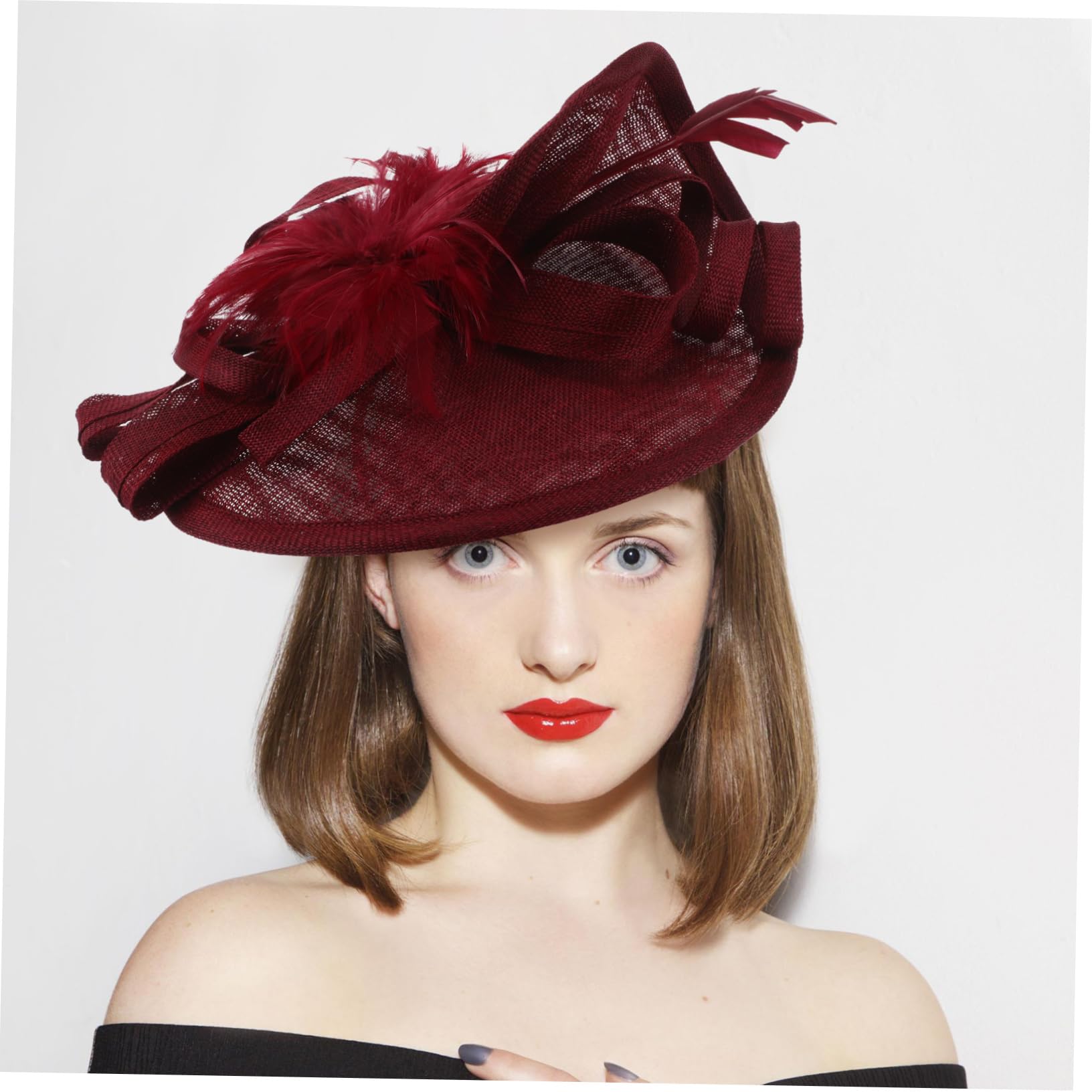 Fascinator Cappello Clip per Donna, Elegante, Rosso Scuro | Set Leggero per Party e Varie Occasioni, Lino Artificiale, Poliestere e Piume, Stile Fashion