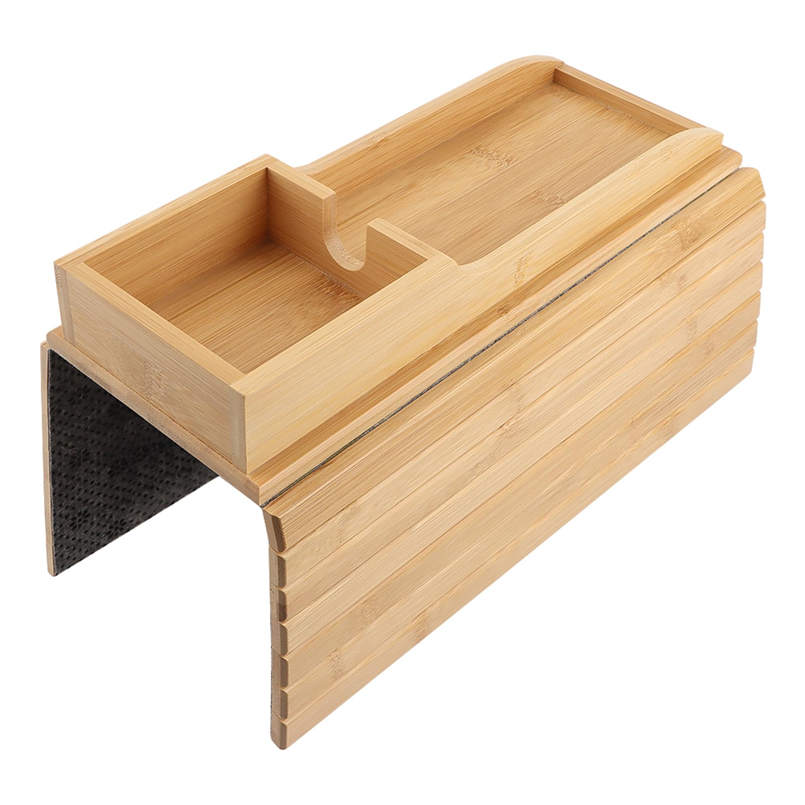 Bamboo Sofa Armrest Tray With Cup Holder, Anti-Slip Foldable Table for Drinks Cellphone, Remote Control, Brown - Image 2