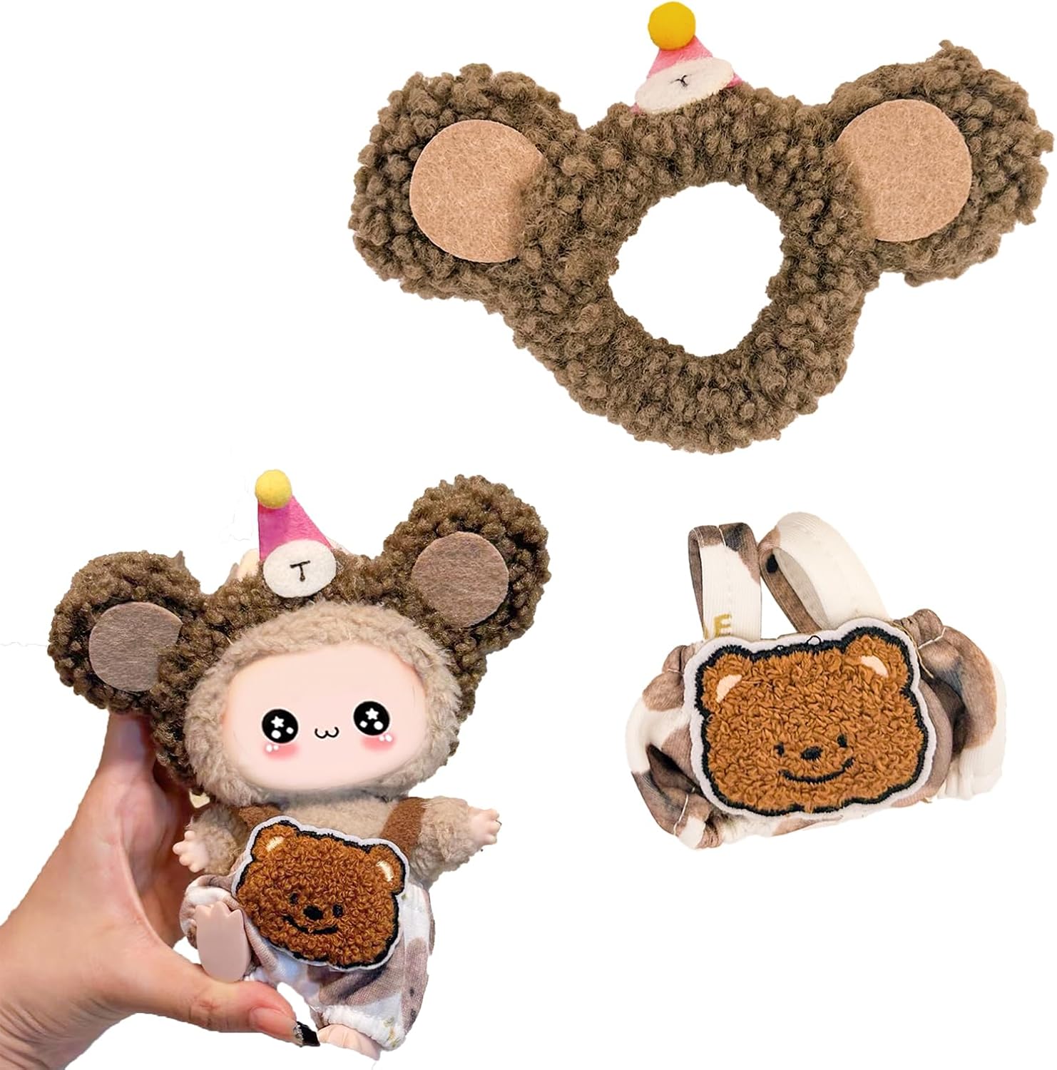 Doll Clothes - 17cm Adjustable Overalls & Hat Set, Kawaii Fashion Outfit for Sitting/Standing Dolls (No Doll Included) (E-03)