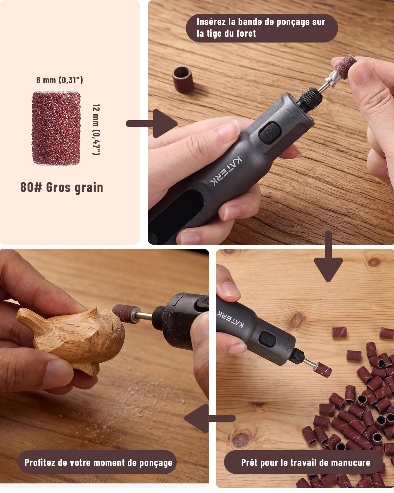 Katerk 150 Piezas Tambores de Lijado, Manguitos de Lijado Mini de 8 mm con Bandas de Lijado de Grano 80/120/180, Compatible con Limadoras de Uñas para Perros y Herramientas Rotativas