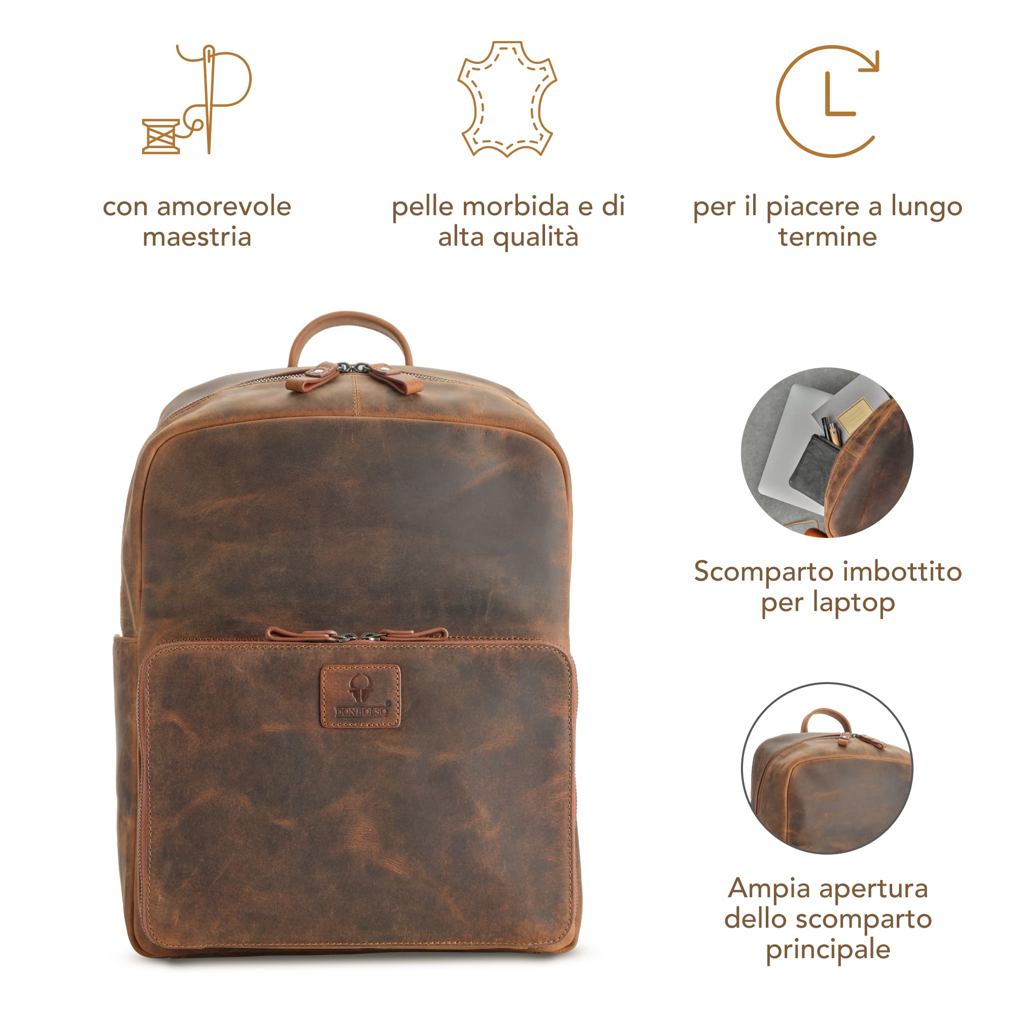 DONBOLSO Zaino Tokio | Zaino in Pelle per Uomo e Donna con Scomparto per Laptop | Zaino in Pelle per Viaggi, Ufficio e Università