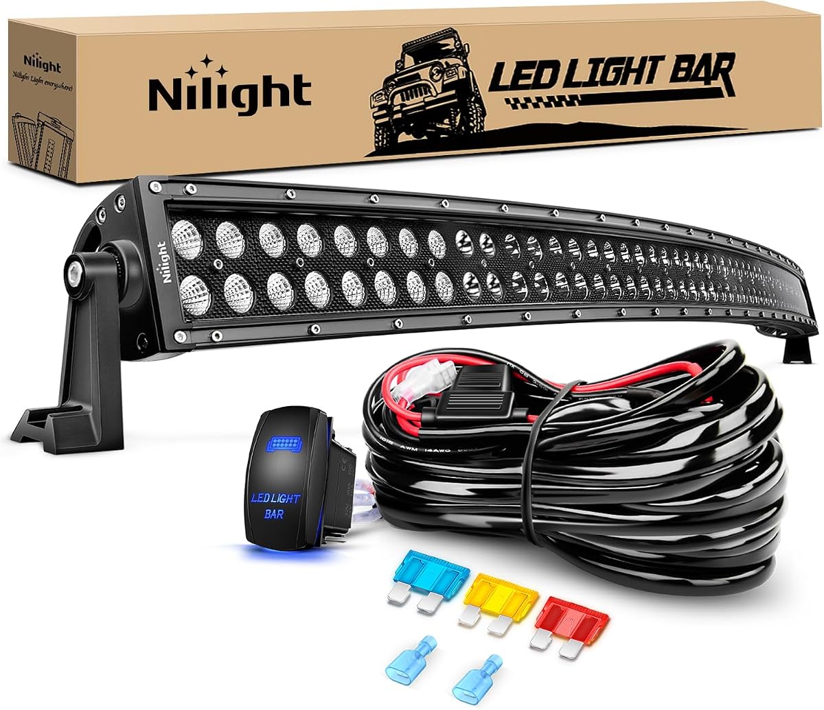 ZH120 50Inch 50 Inch 288W Curved Spot Flood Combo Bar LED Off Road Driving Light and 1PC 14AWG 12V 5Pin Rocker Switch Wiring Harness Kit-1 Lead, 2 Years Warranty, White