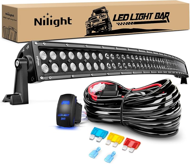 ZH120 50Inch 50 Inch 288W Curved Spot Flood Combo Bar LED Off Road Driving Light and 1PC 14AWG 12V 5Pin Rocker Switch Wiring Harness Kit-1 Lead, 2 Years Warranty, White