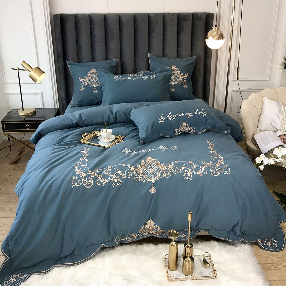 Housse de couette coton égyptien bleu brodée 4 pièces parure de lit luxe Queen
