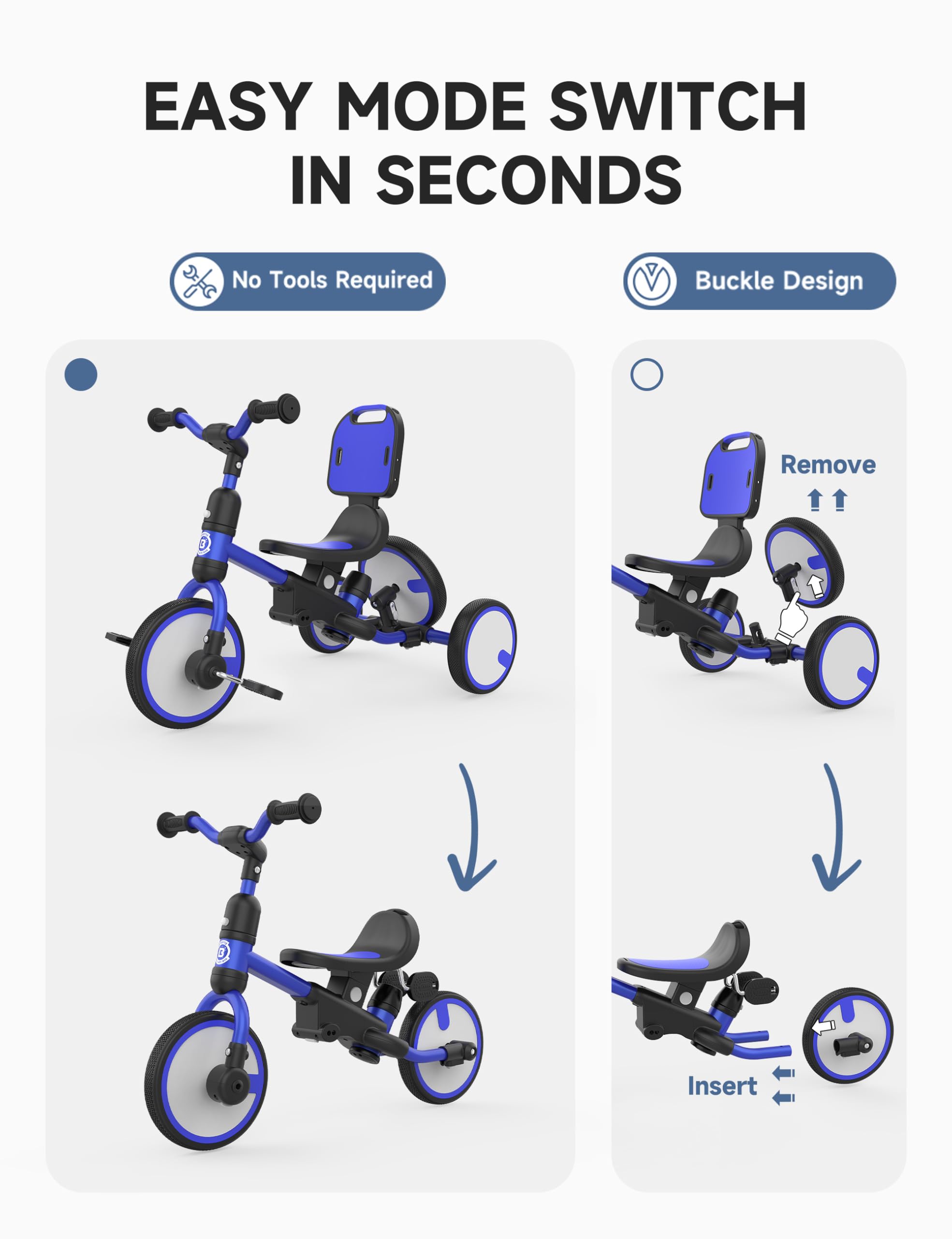 Besrey Triciclo Bambini 5 in 1 – Triciclo Evolutivo con Maniglione e Ruota di Scorta, Bici Senza Pedali per Bambini da 18 Mesi Dotato di Schienale e Cintura, Regalo Compleanno per Bambini (Blu scuro)