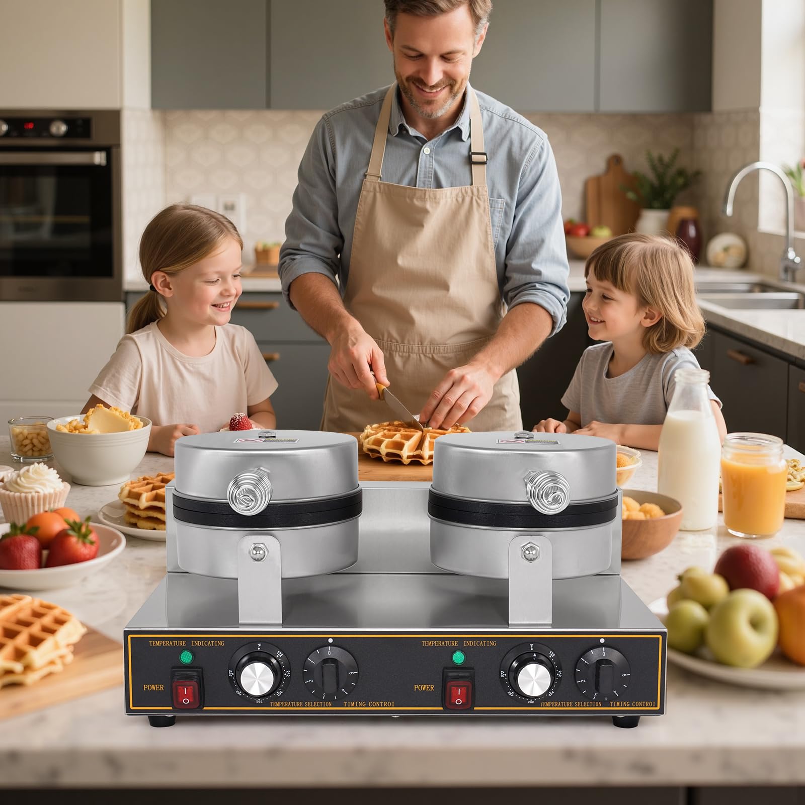 Máquina de gofres doble de 2400 W, para restaurante, antiadherente, redonda, waflera comercial, máquina de gofres grande para hotel, acero inoxidable grueso 8