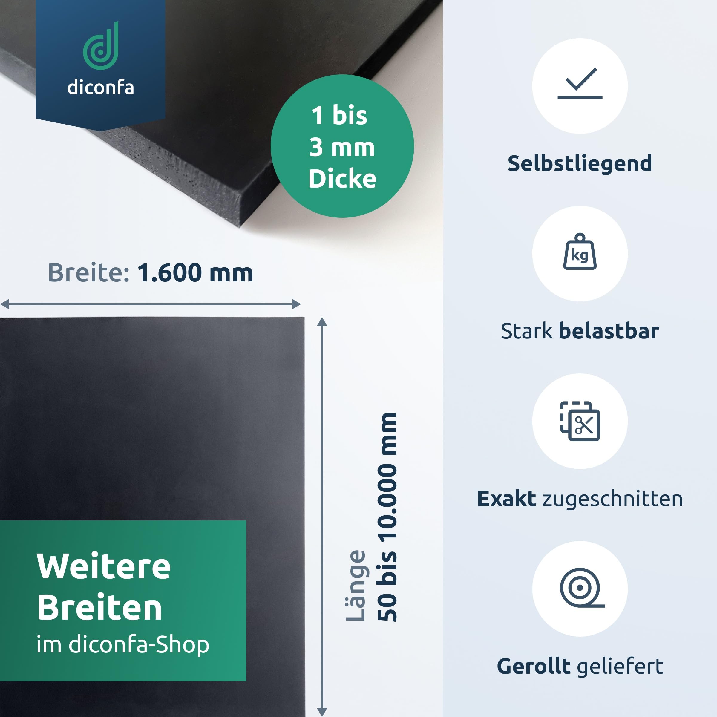 diconfa Gummimatte SBR BREITE 1600mm 160cm 1,6m Dicke 1 bis 3 mm LÄNGE 0,05 bis 10m Auswahl 1600 mm (1,6m) x 2550mm (2,55m) x 3mm - Meterware Antirutschmatte Vollgummi Gummiplatte Gummistreifen
