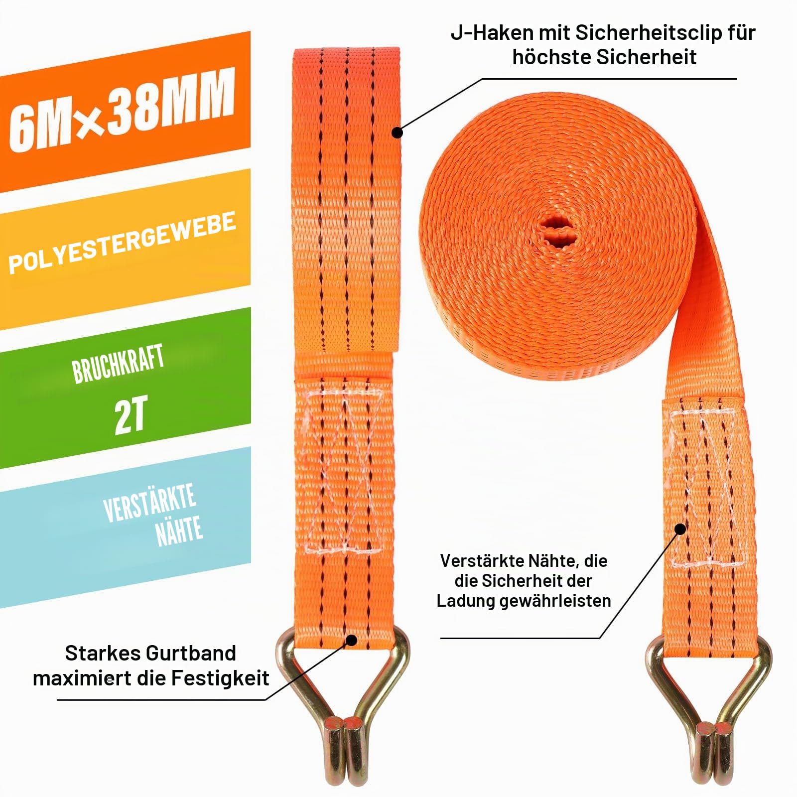 12 STÜCK Spanngurte mit Ratsche - Haken - 6M x 38MM Spanngurt - 2t (2000 daN, KG) TÜV/GS Zertifiziert - Zweiteilig Zurrgurte, für Motorräder, Auto, Anhänger, nach DIN EN 12195-2