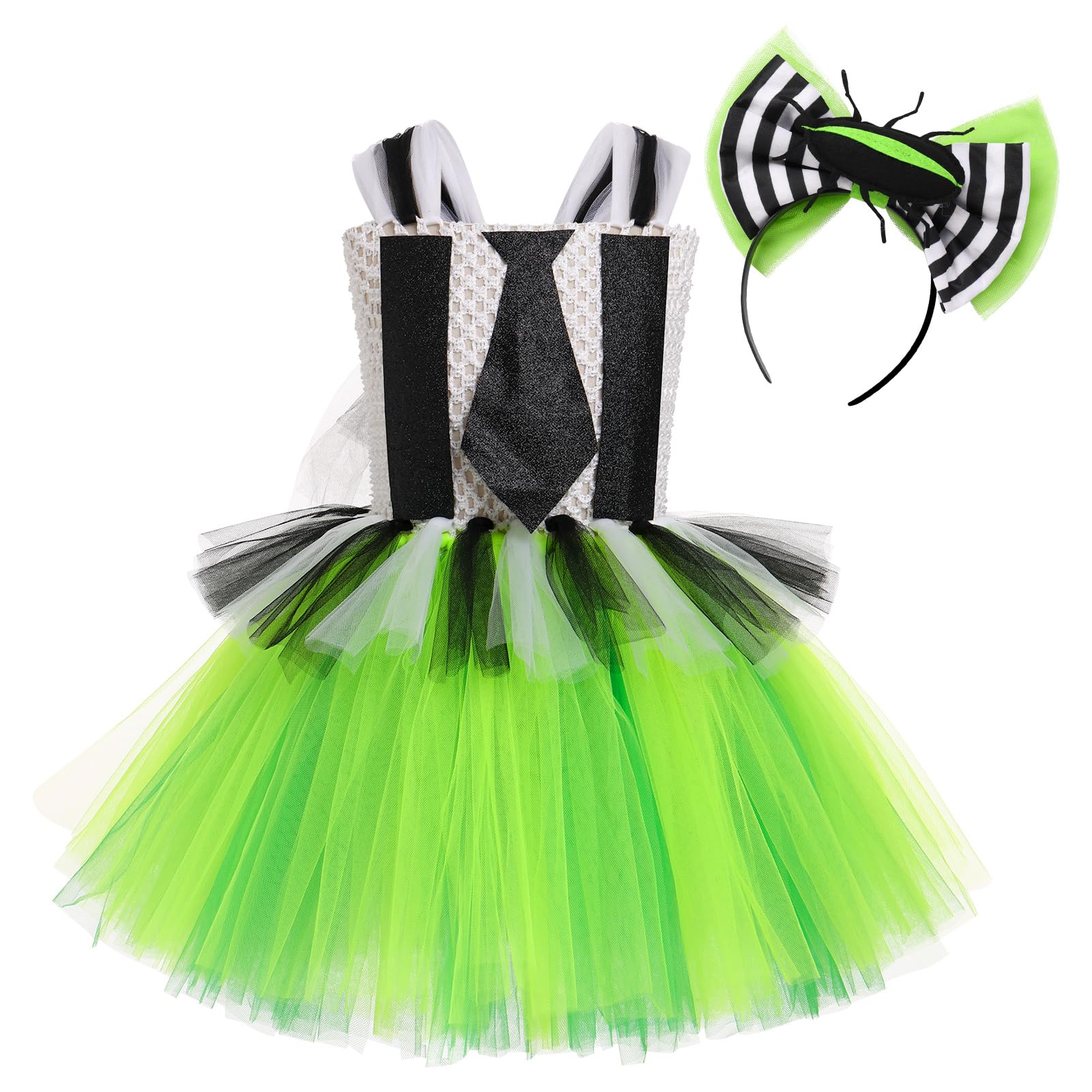 Girls Halloween Costume Black And White Striped Cosplay Costume with Headband Ruffle Tulle Tutu Dress for Kids
