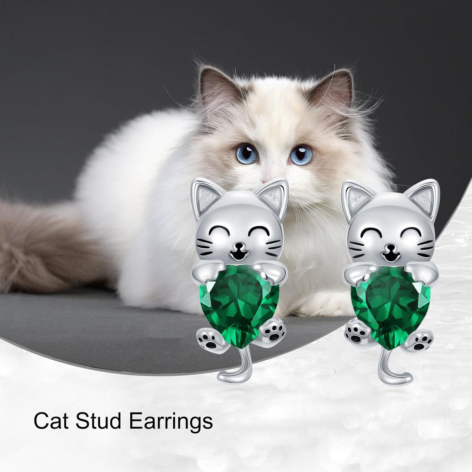 LONAGO Cat Stud Earrings with Synthetic Birthstone Cat Earring Jewelry Gift for Women - Image 5