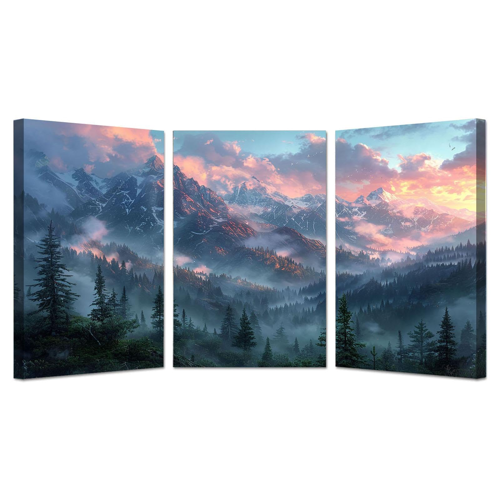 WQBQKKX Grey,gold 3 Pieces Forest Wall Art Modern Canvas Painting, Natural Mountain Picture for Home Decoration Landscape Print Artwork for Wall Decor-40x60cmx3 Framed