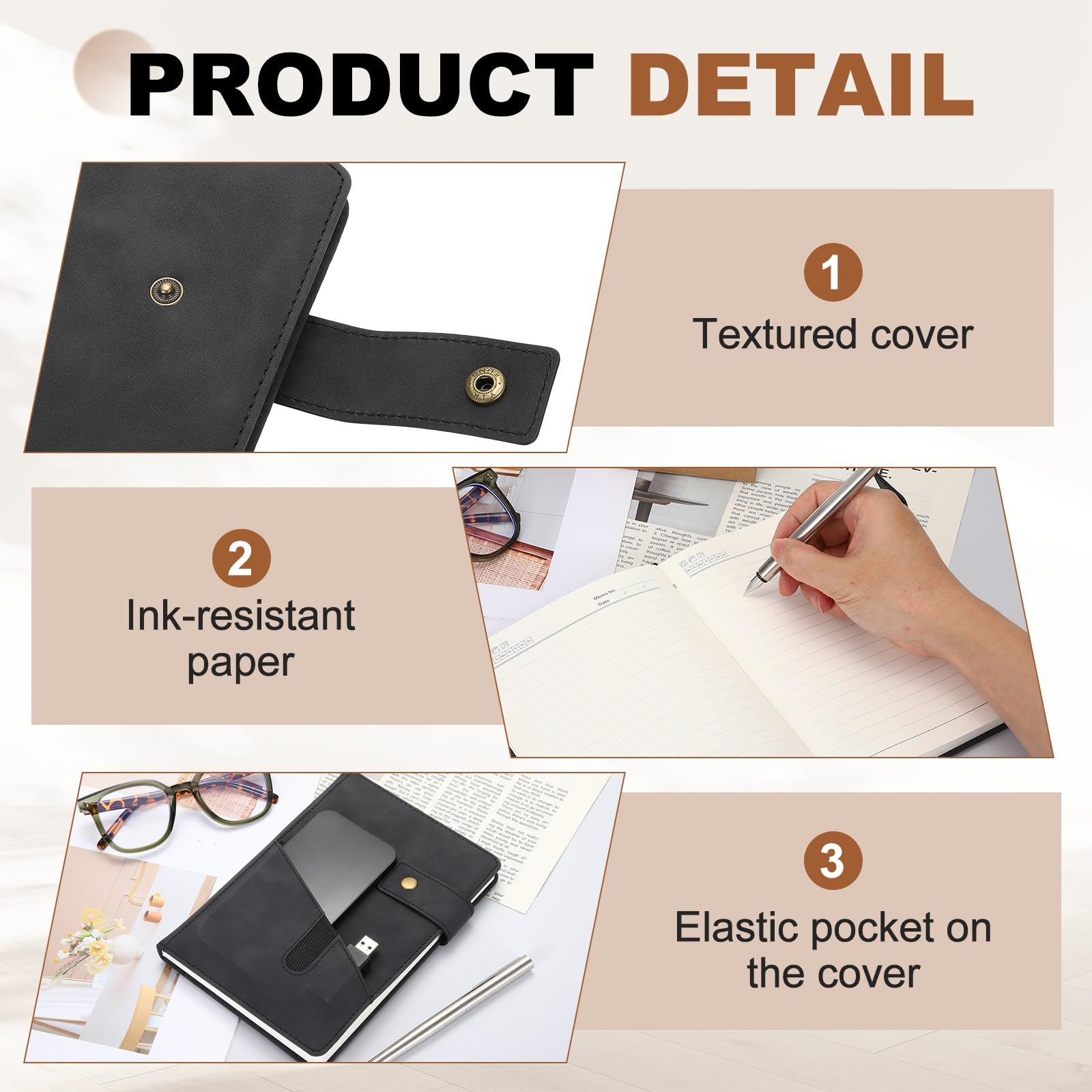 PATIKIL Diario A5 a righe in pelle, 100 g/m², 200 pagine, 15 cm x 21,6 cm, diario giornaliero con copertina rigida e penna, per riunioni, interviste, lavoro, nero