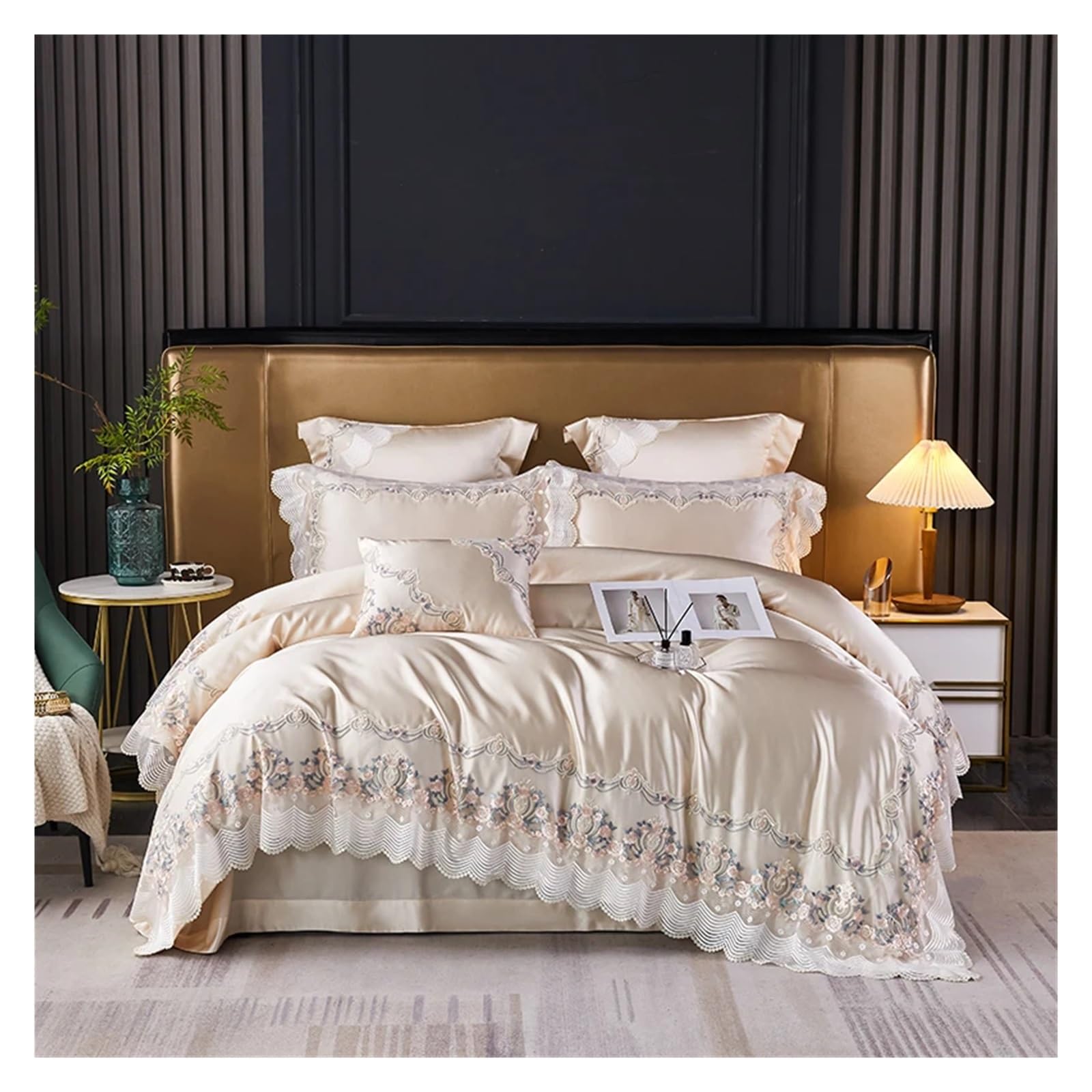 Sbcgfy D Champagne French Wedding Bedding Set Chic Lace Silk Cotton Luxury Princess Uvet Cover Be Comforter Covers Be Sheet Pillowcase,Cotton Uvet,-Fitte Be Sheet_king 4Pcs