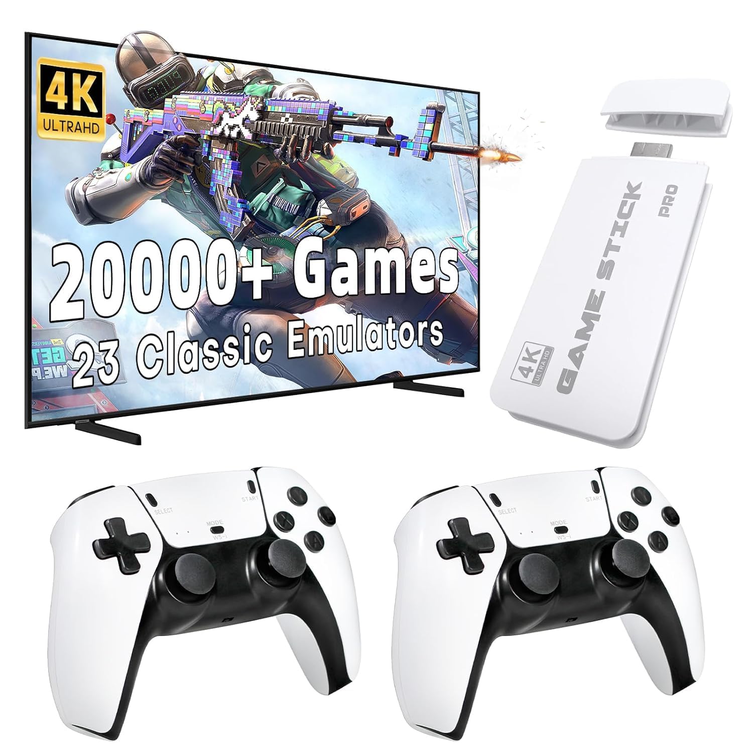 kidsadda™ 4K Game Stick Pro Console with 20000+ Games, 23 Classic Emulators, 2 Wireless Controllers, White
