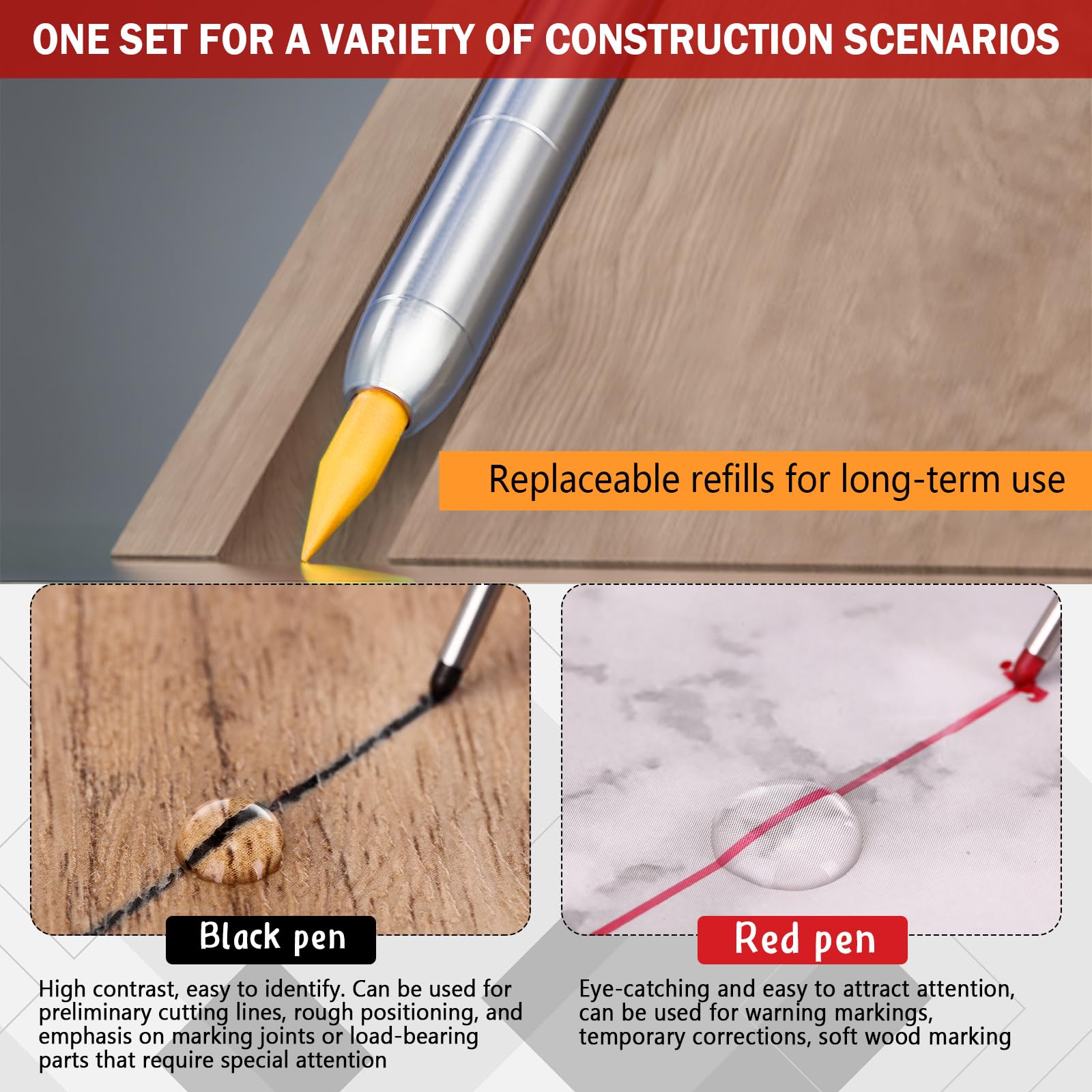 MotiMind Confezione da 8 matite meccaniche da falegname da 2,8 mm con 48 ricariche, matite da costruzione con temperamatite integrato, pennarello a punta lunga, strumenti per la lavorazione del legno