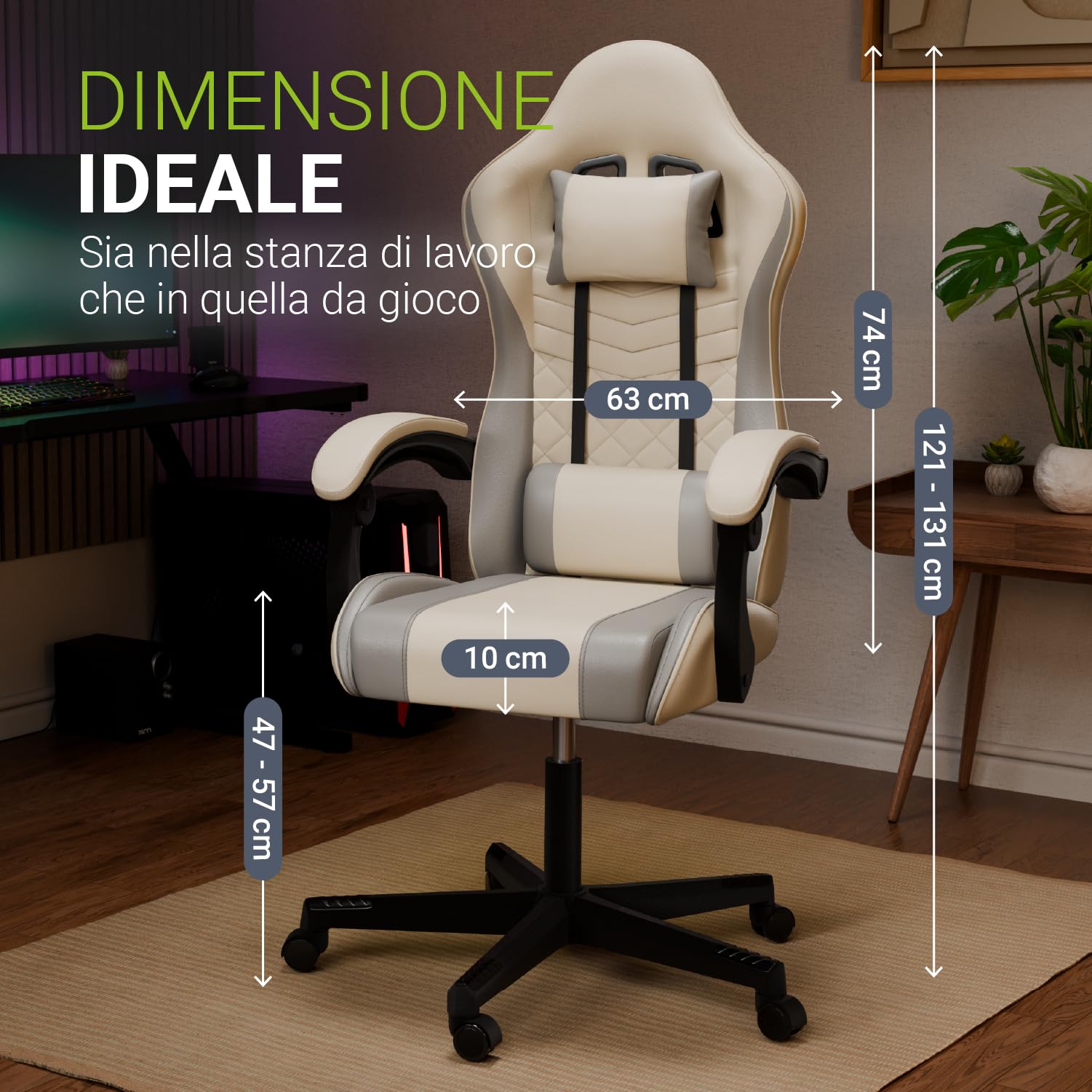 Juskys Sedia da gaming HyperSeat – Regolabile in altezza, schienale reclinabile e braccioli imbottiti, similpelle, ergonomica e resistente – Beige/grigio chiaro