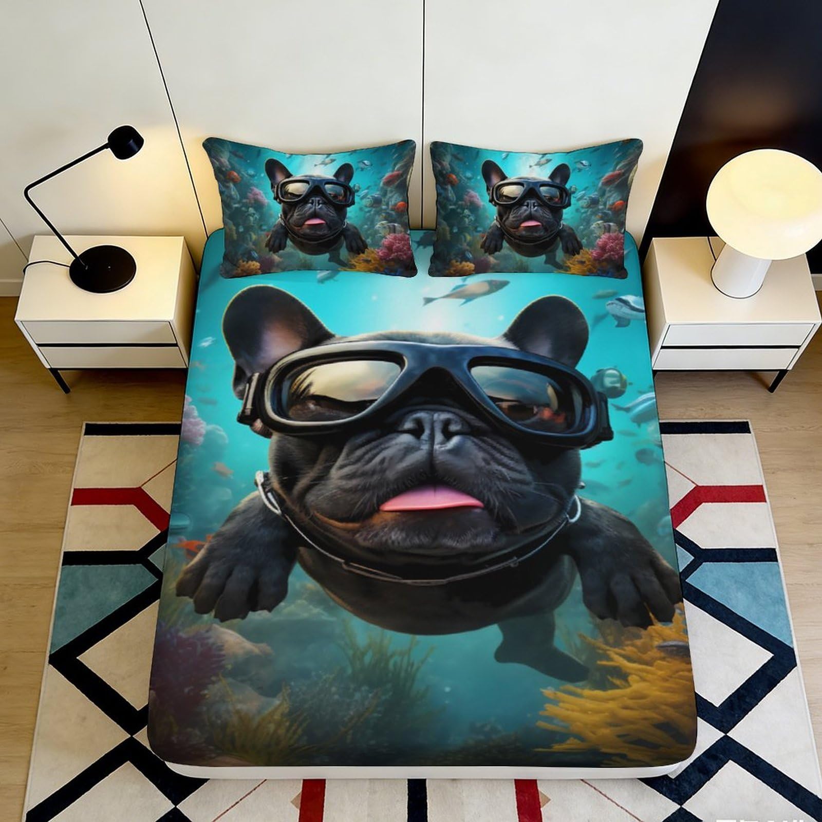 3D Printed Underwater Dog Pattern Fitted Sheet Microfiber Soft Durable 3D Printed Swimming Bulldog Mattress Cover for Bedroom Dormitory Guest Room 120x200x25cm