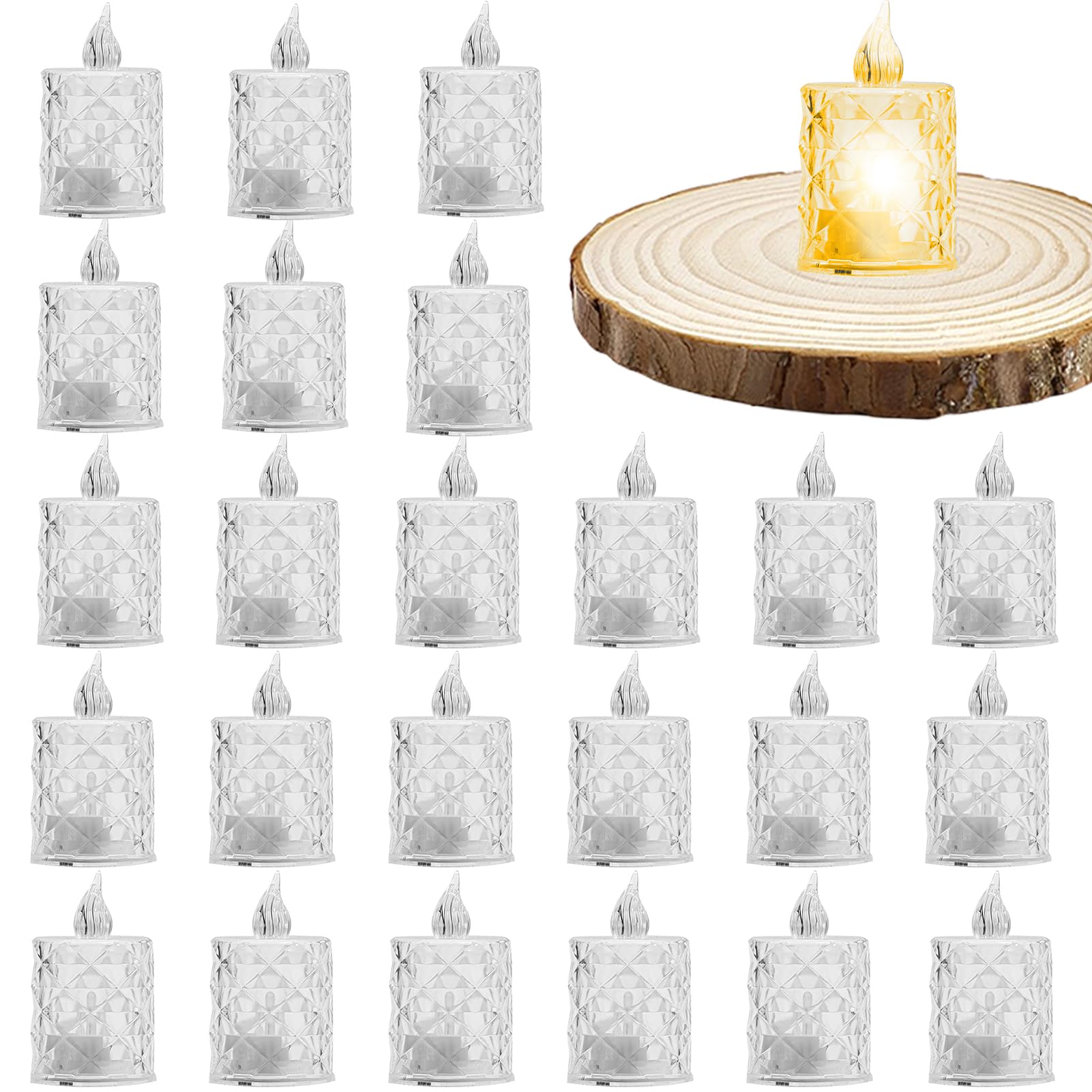Flameless Crystal Candle Lights, Flameless Battery Operated Candles, 24 Flickering Battery Operated LED Small Round Candles, For Wedding, Dining Table, Proposal, Home Decor Tea Lights - Medium