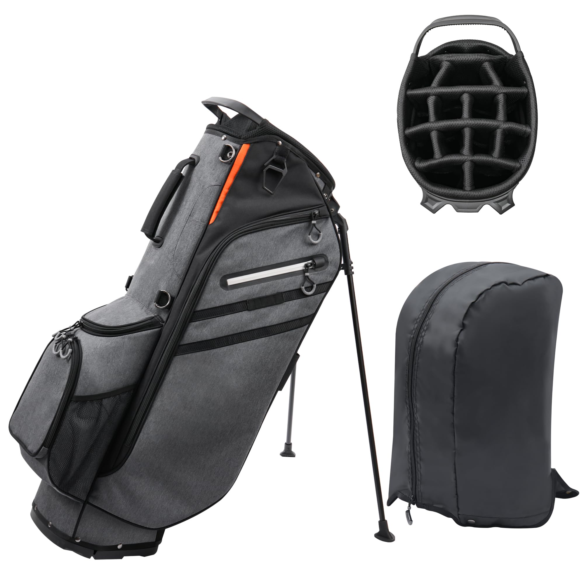Golf Stand Bag 14 Way Full-Length Dividers with Stand, Lightweight Golf Bag for Men, 7 Pockets, Dual Strap, Rain Hood, Portable Golf Club Bag for Men Women, Gray/Black