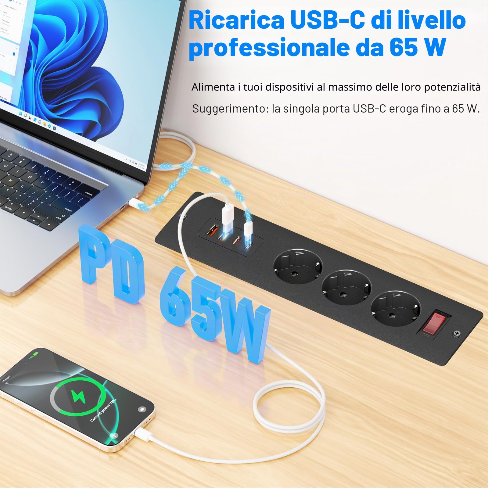 Presa da incasso con 65 W USB-C, 3 prese e 4 porte USB, Sewingvr Versenkbare Tischsteckdose, Einbauleiste per scrivania/ufficio/cucina, cavo da 1,8 m, nero