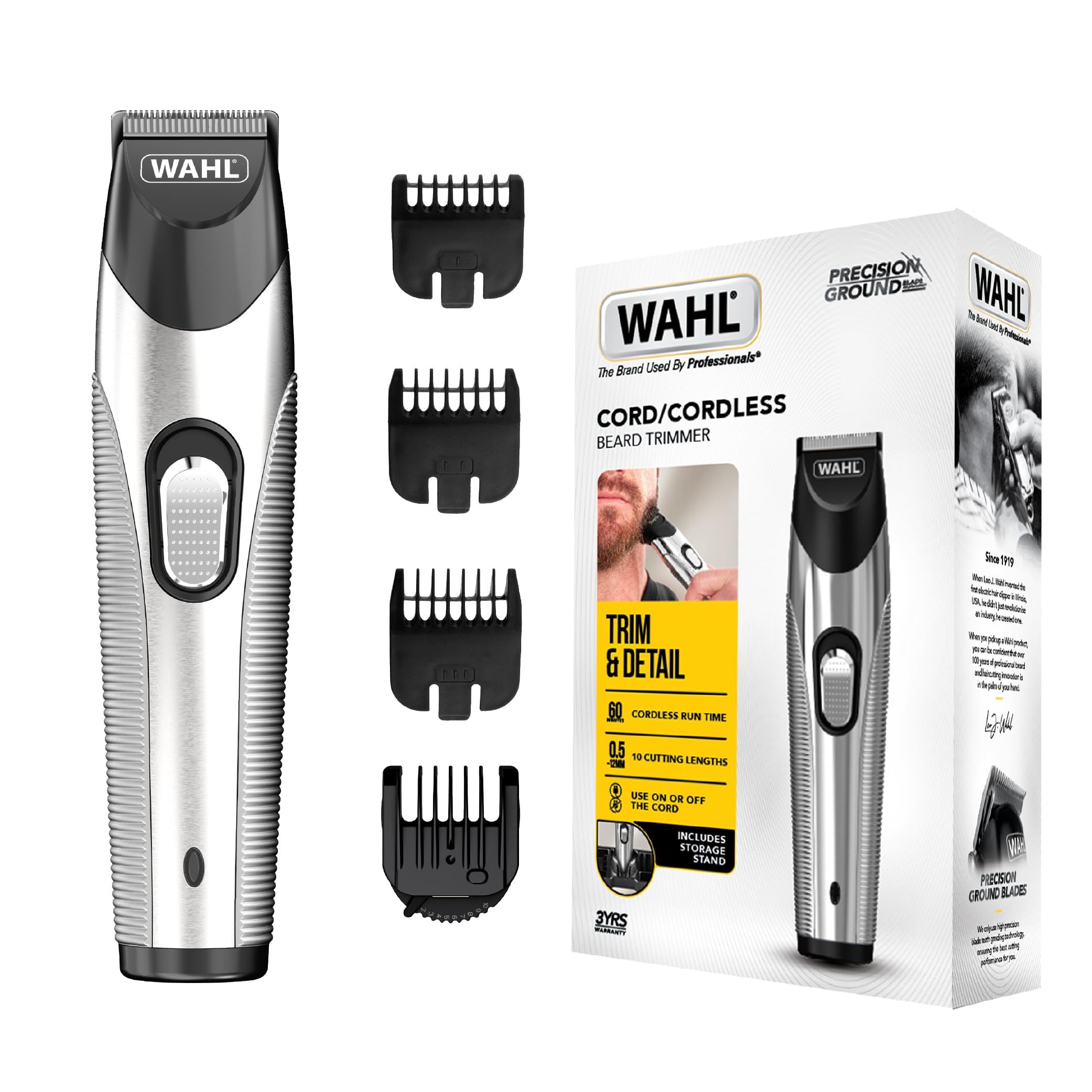 Wahl SilverTrim Cord/Cordless Trimmer, Rechargeable Beard Trimmer, Precision Cutting, Bonus Accessory Stand, Silver, 09891-027