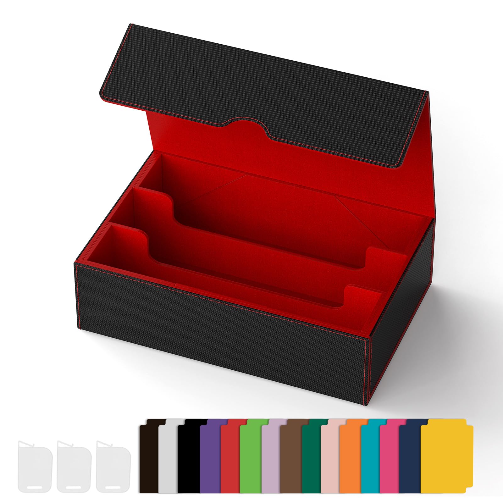 Gomyrod 2400+ MTG Deck Box, 3 file Trading Card Storage Box con 15 divisori colorati, nero e rosso