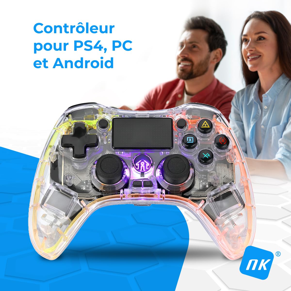 NK Manette pour PS4 / PC/Android - Manette sans fil avec 2-Shock, 6 axes, 2 boutons MACRO, 7 Modes de Lumière LED, Pavé Tactile, Prise Casque, Câble de Charge inclus - Noir Transparent