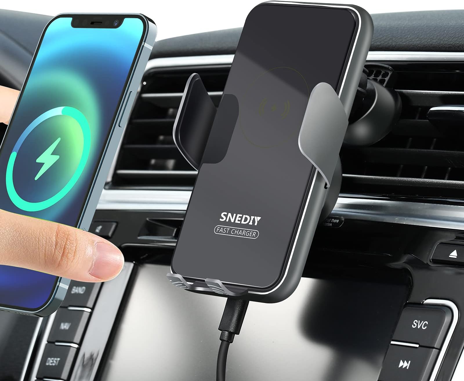 Wireless Car Charger, 15W Fast Auto-Clamping Car Mount&Built-in Cooling Fan,Windshield Dash Air Vent Phone Holder Compatible for iPhone 12/Mini/11/Pro Max/XS/XR/X/8,Samsung S10/S9