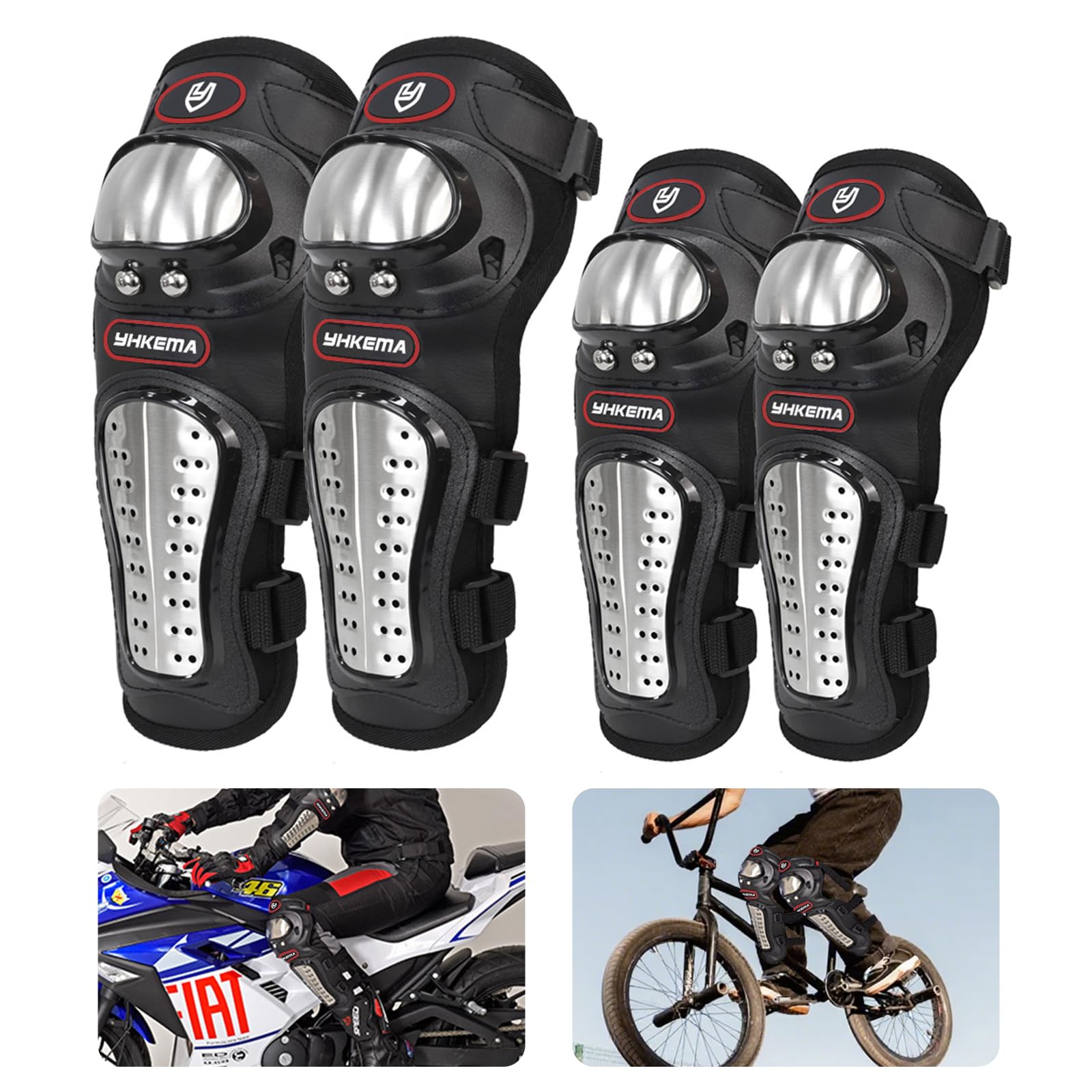 YHKEMA 4Pcs Motorcycle Protective Gear Set - Adjustable Knee & Elbow Pads for Motocross, ATV, Dirt Bike, Mountain Bike & Skating - Knee/Shin Guards with Breathable Padding (Black)