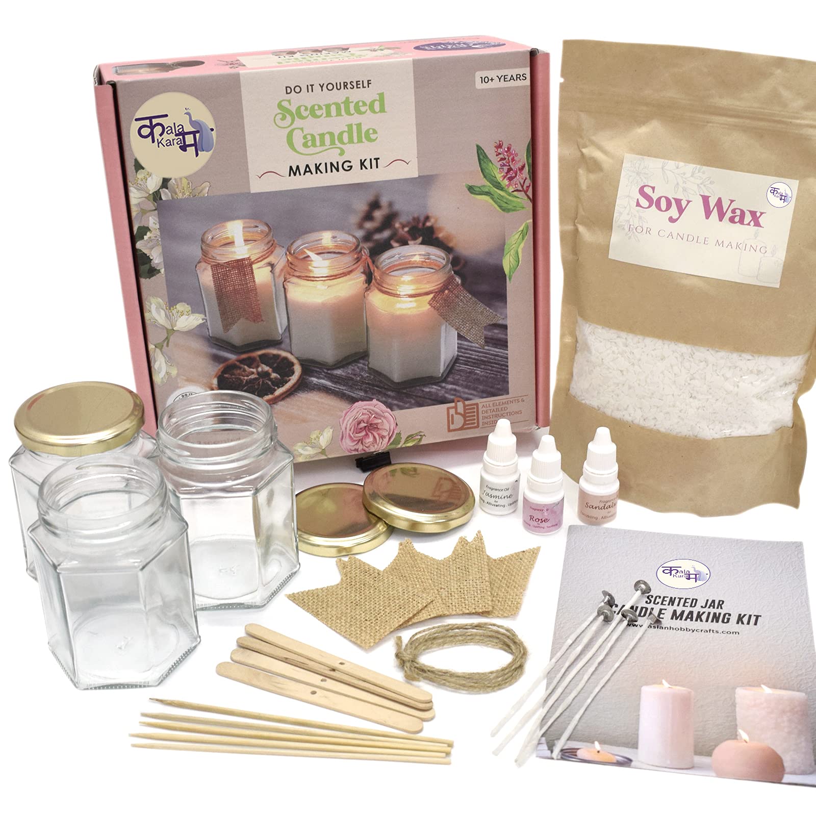 Kalakaram Scented Jar Candle Kit | DIY Candle Making Activity Kit for Kids & Adults with Pure & Natural Ingredients | Beginner-Friendly | Ideal for Diwali, Birthday Gifts, & Home Decor, Craft Kit