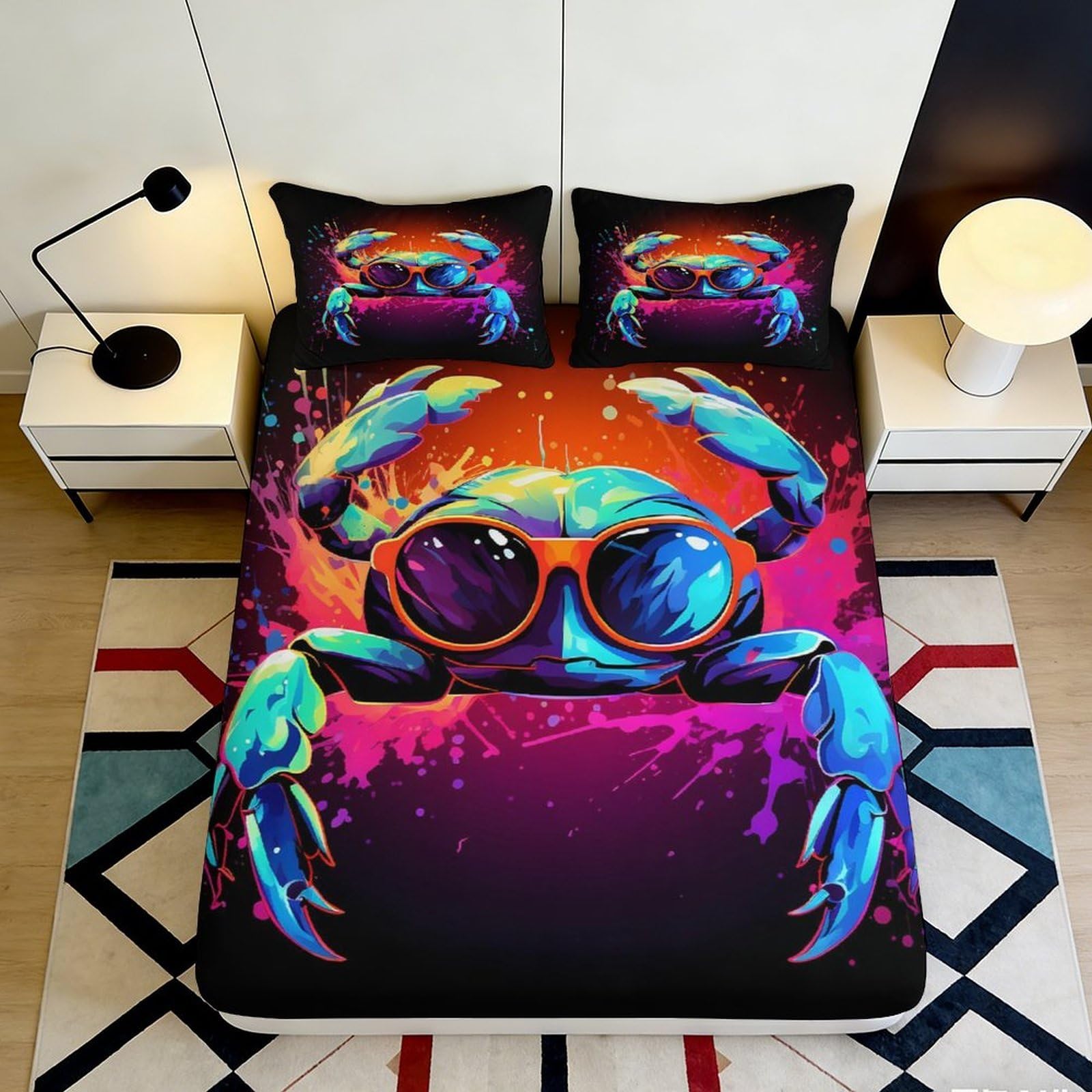 3D Printed Neon Crab Fitted Sheet Microfiber Soft Anti-Slip Colorful Ocean Bed Cover for Bedroom Dorm Decor 90x200x25cm