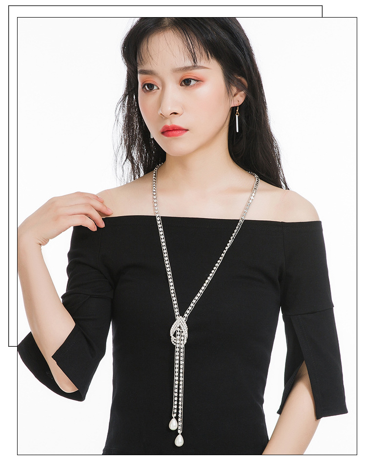 Sither Silver Crystal Knot Necklace for Women Long Peals Necklace Sweater Chain Statement for Wedding Jewelry for Dressy Winter Evening Party2