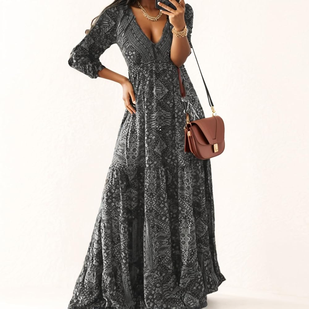 Women's Boho Long Sleeve Maxi Dress Floral Textured Elastic