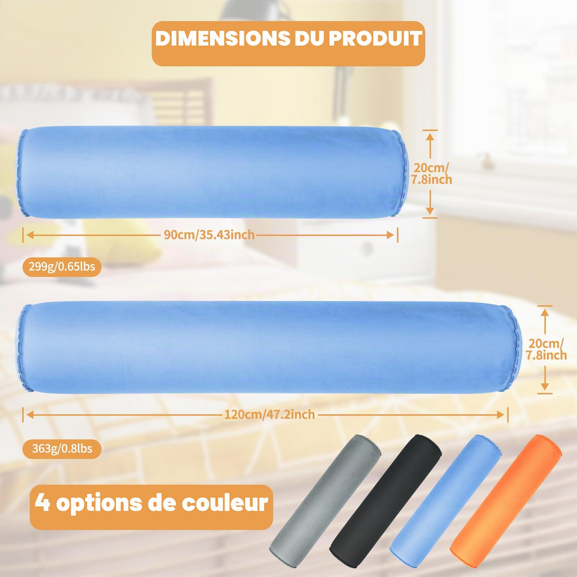 EULANT 2 Pièces Coussin Gonflable pour Dormeur Latéral, Léger Oreiller Long et Rond, Doux Traversin pour Le Corps, Oreiller de Soutien pour Voyage, 120 * 20cm, Gonflable et Compact