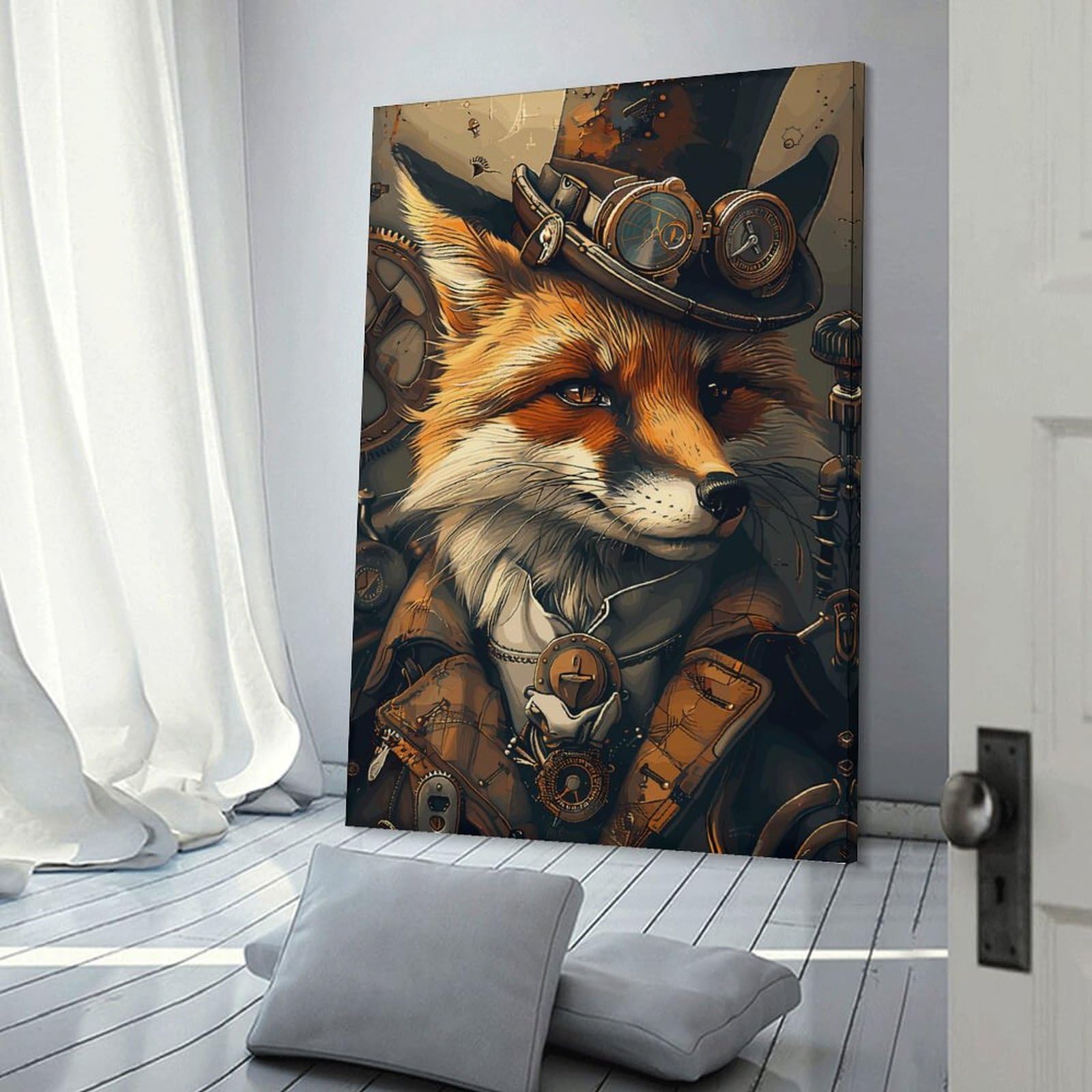 Junmoney Animal Steampunk Fox Canvas Art Print, 24x36inch(60x90cm), for Home Walls, Creative Rooms Or Shared Spaces, Decorative Artwork with Broad Appeal