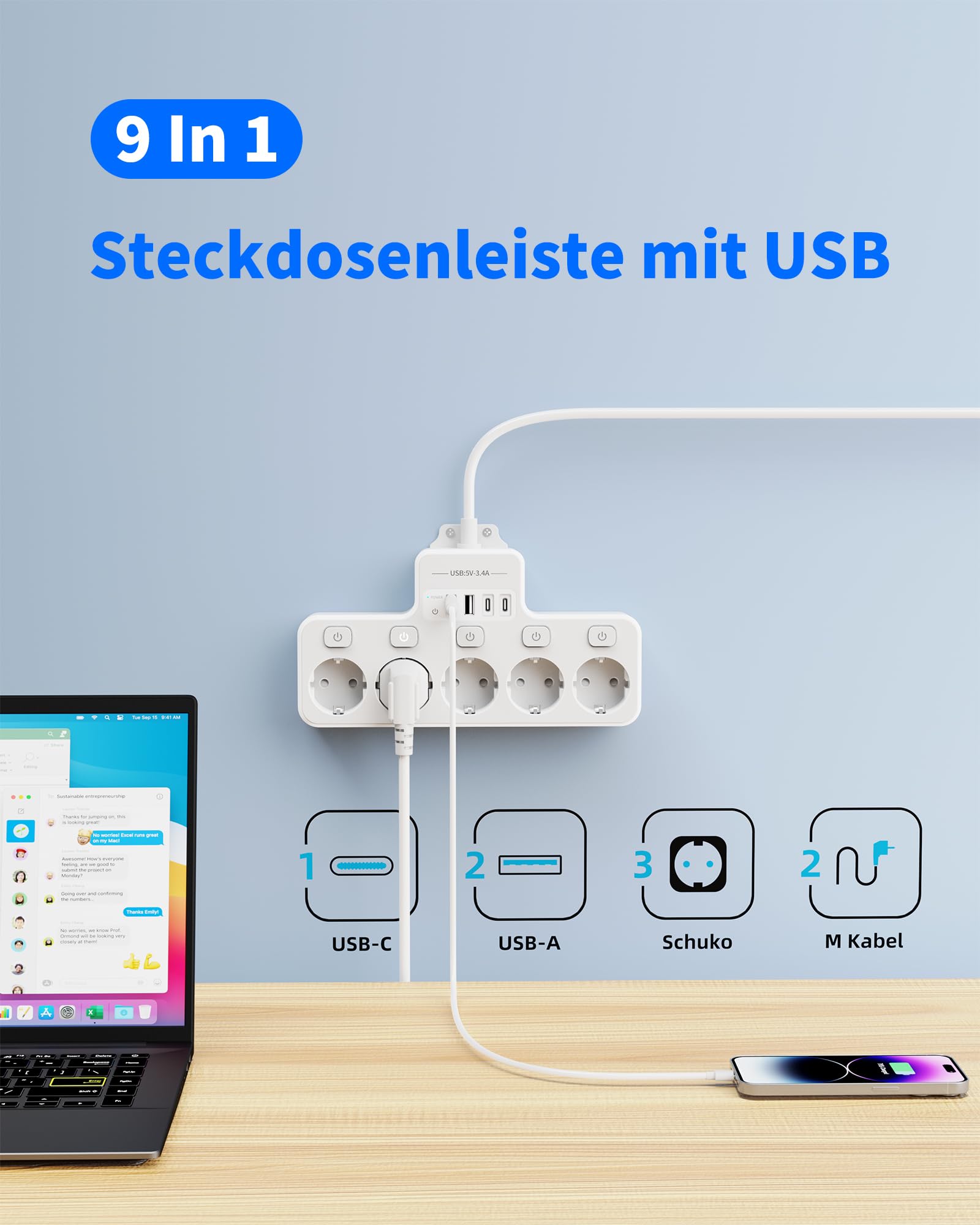 Ciabatta elettrica commutabile singola, presa multipla a 5 prese, con USB, 9 in 1, presa da tavolo con cavo da 2 m, per casa e ufficio (bianco)