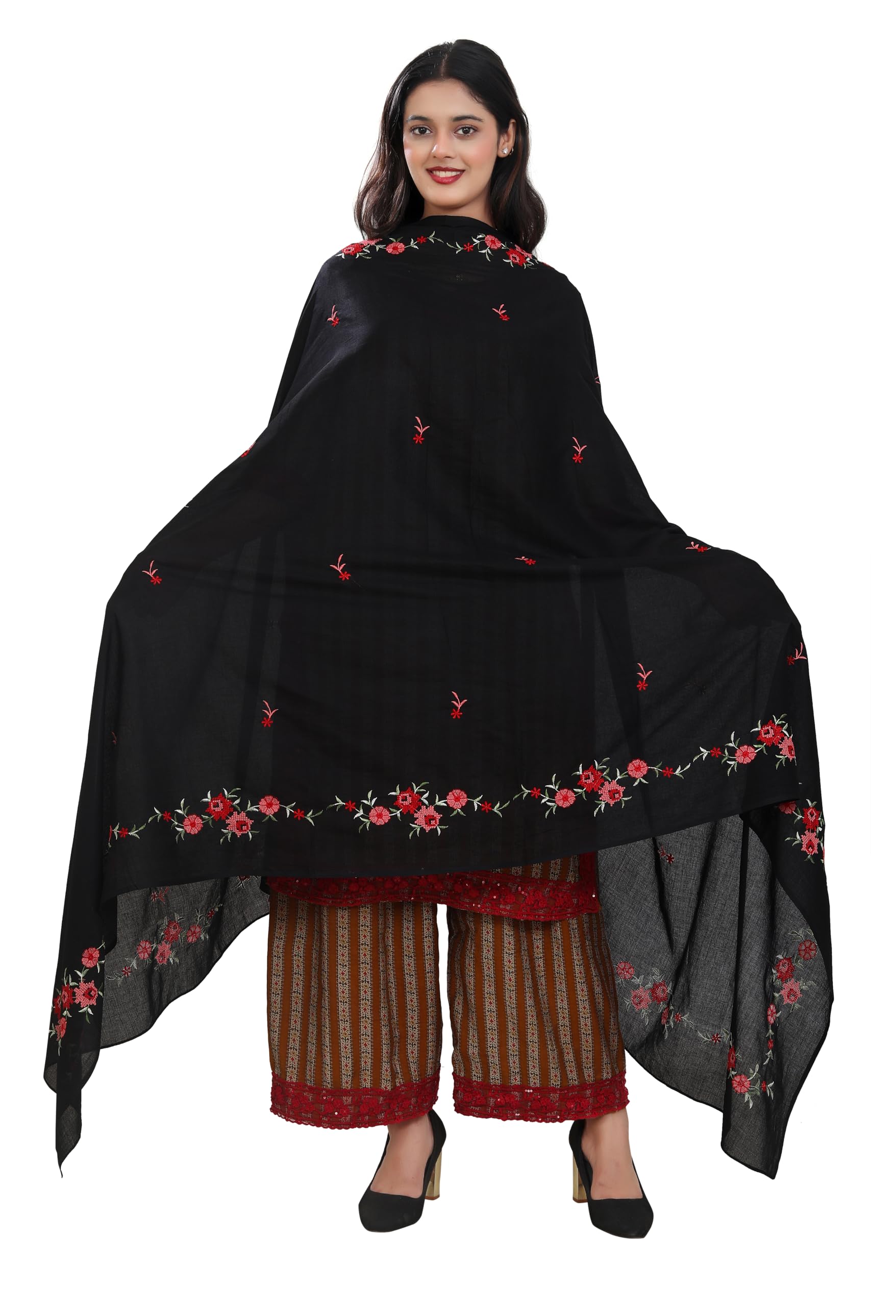 dupatta house Black Cotton Dupatta with Red Floral Embroidery,-picture-14
